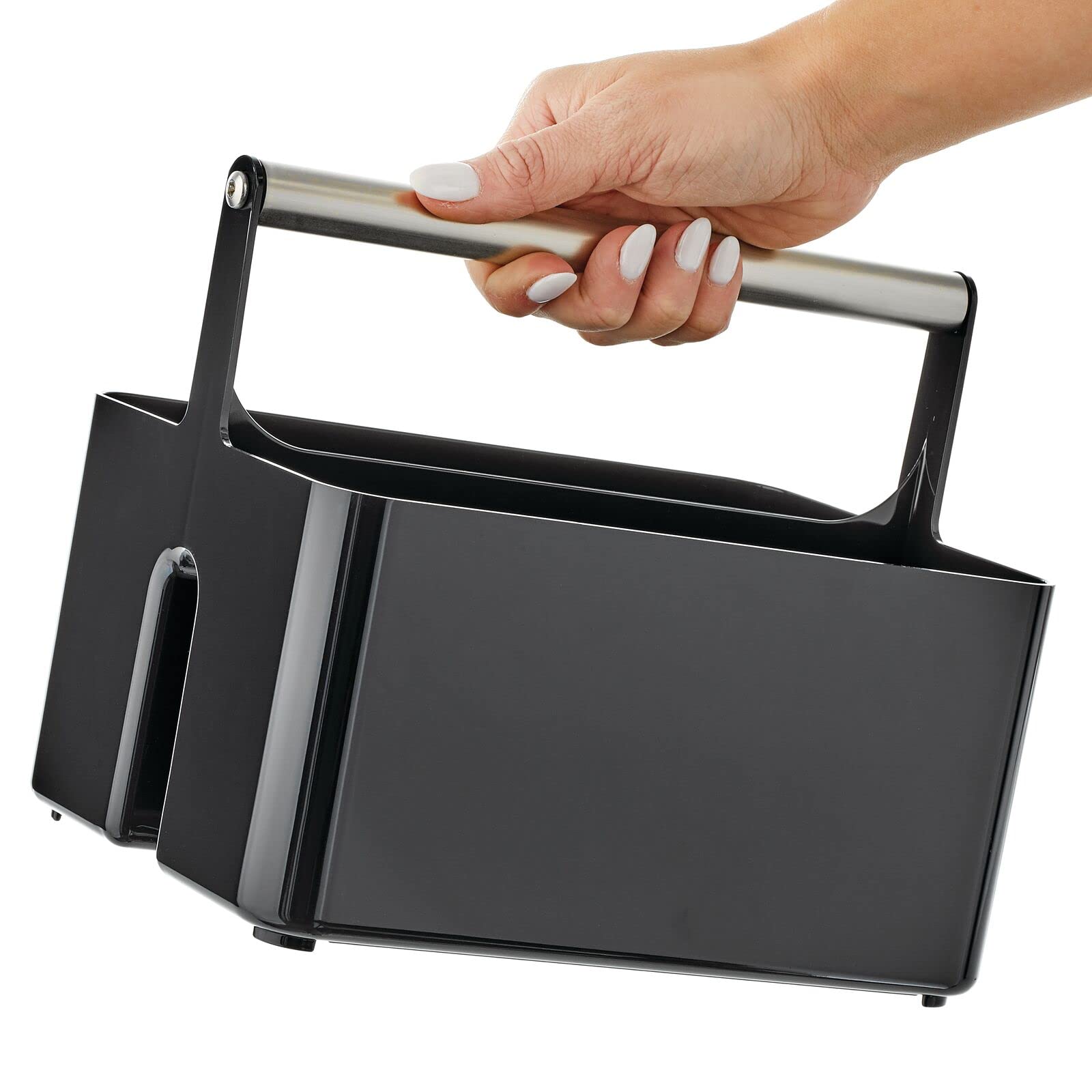mDesign Plastic Shower Caddy Organizer with Metal Handle - Bathroom Storage Basket for Soap, Shampoo & Conditioner - Utility Tote for Dorm, Kitchen & Bath - Aura Collection in Black/Brushed Chrome - Perfect for Small Space Organization & Travel Essentials