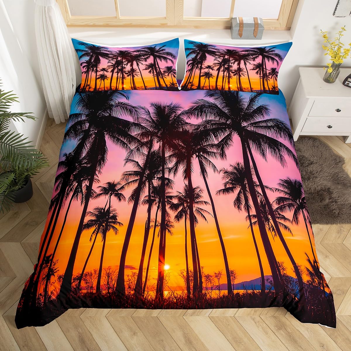 Tropical Sunset Palm Leaves Duvet Cover Set - Twin Size Microfiber Bedding with Zipper Closure | Botanical Hawaiian Vacation Style Quilt & Pillowcase | Perfect for Beach House, Guest Room or Boho Chic Bedroom Decor