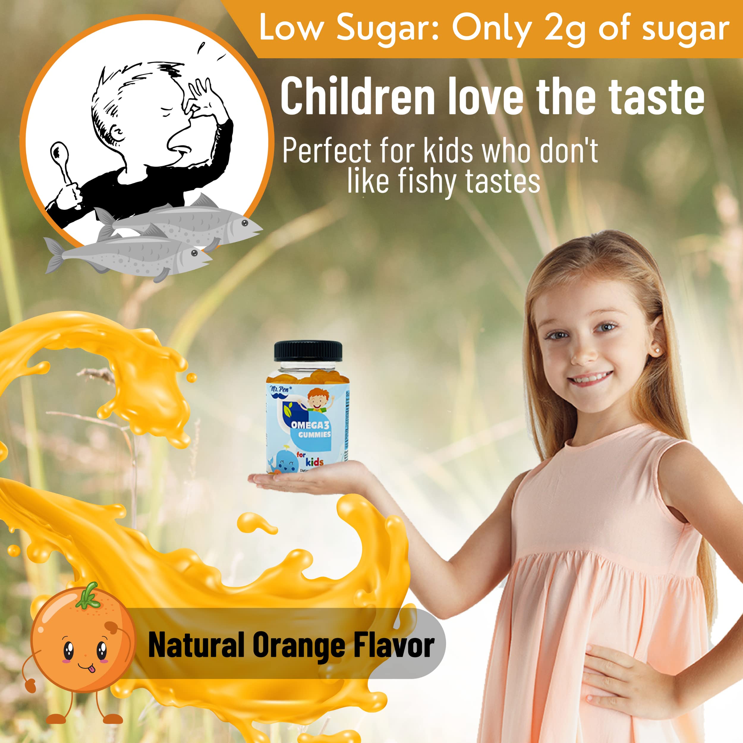 60-Count Omega-3 Gummies for Kids - Delicious Orange Flavor with EPA & DHA - 2 Month Supply - Fish Oil Supplement for Brain & Eye Development - Perfect for School Snacks & Healthy Lunchboxes