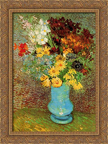 Vincent van Gogh Floral Vase Canvas Art - 18x24 Inch Gold Ornate Wood Framed Wall Decor with Daisies and Anemones - Perfect for Living Room, Bedroom & Office Decor