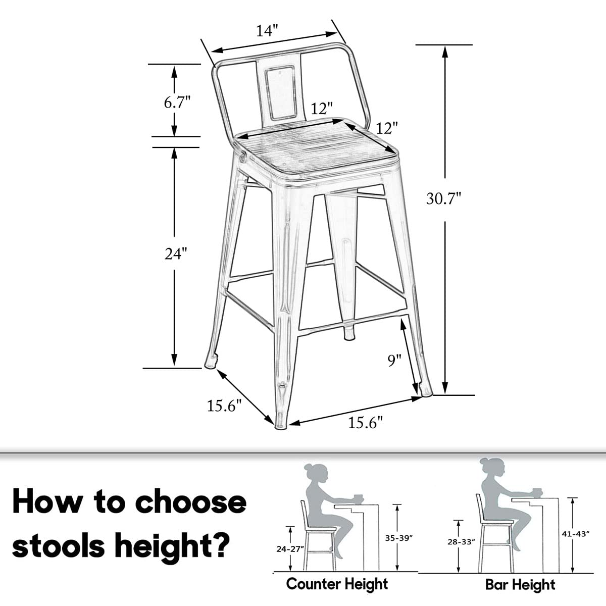 HAOBO Industrial Swivel Bar Stools Set of 4 - 24 Inch Metal Bar Height Stools with Rustic Finish - Perfect for Kitchen Island, Home Bar & Dining Room Counter