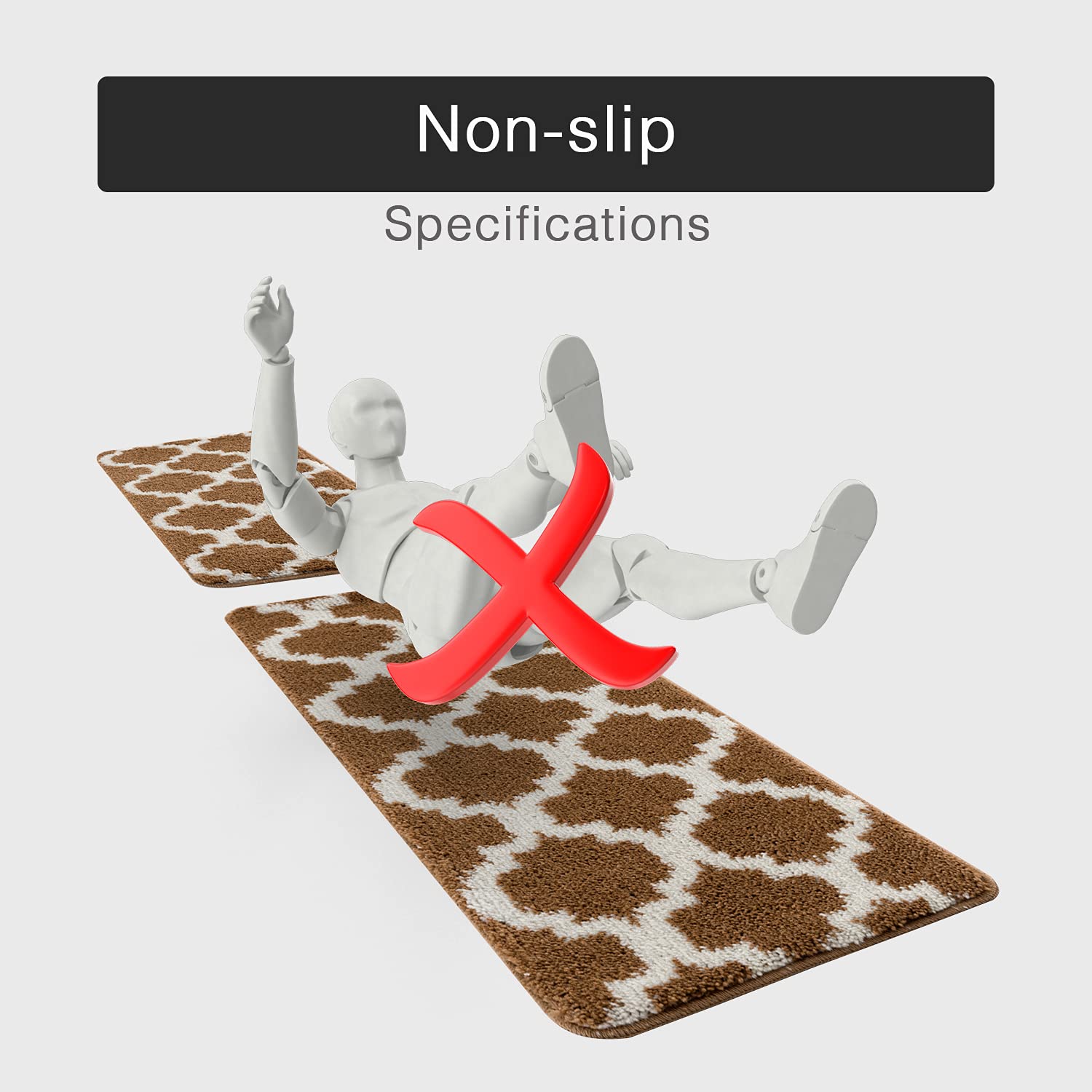 Wunderlin Soft Trellis Non-Slip Washable Kitchen Runner Rugs Set of 2 - Brown, Anti-Skid Floor Mat for Kitchen, Dining Room & High Traffic Areas