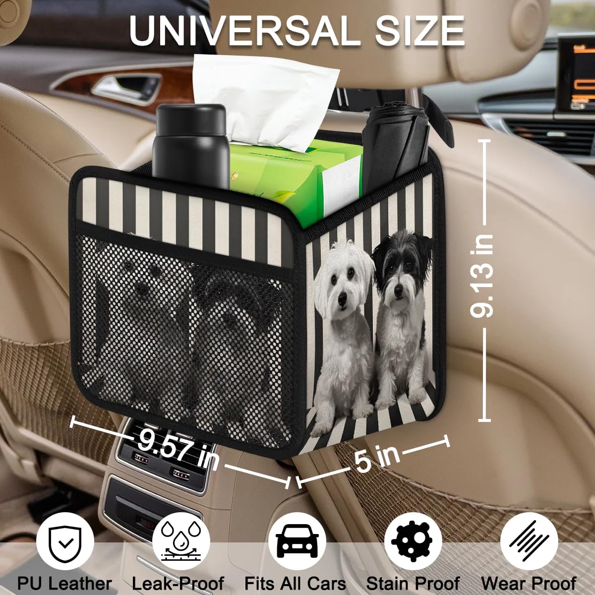 Premium PU Leather Foldable Backseat Car Organizer with Puppy Dog Stripe - Hanging Storage Bag for Car Accessories | Perfect for Road Trips, Family Travel & Pet Owners