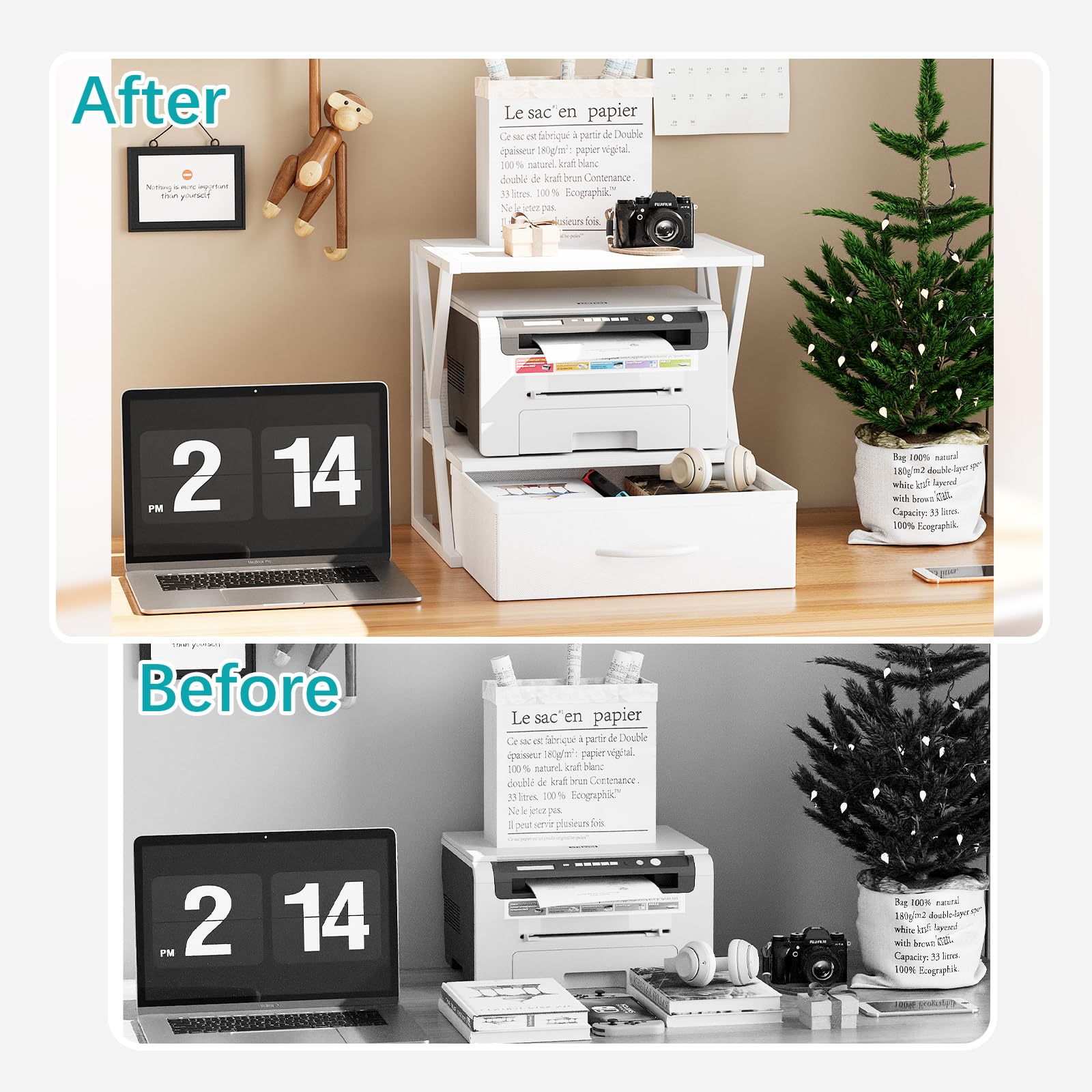 aboxoo 2-Tier Printer Stand with Storage Drawer - White Desktop & Under Desk Shelf Organizer for Fax Machine, 3D Printer, Scanner - Perfect for Home Office Workspace Organization