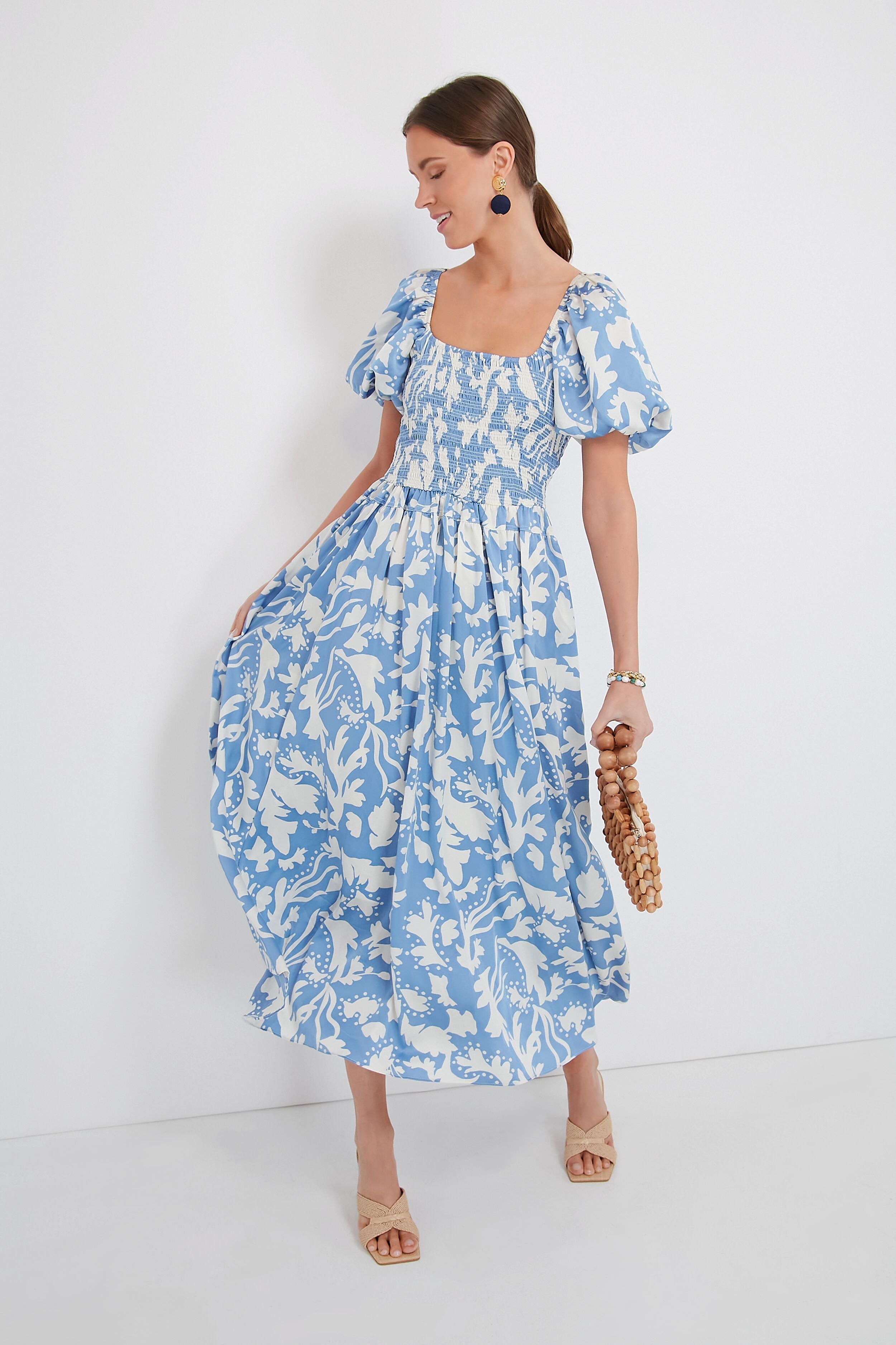 Stylish Blue Puff Sleeve Midi Dress for Women - Elegant Flowy Summer Dress for Parties, Weddings & Date Nights