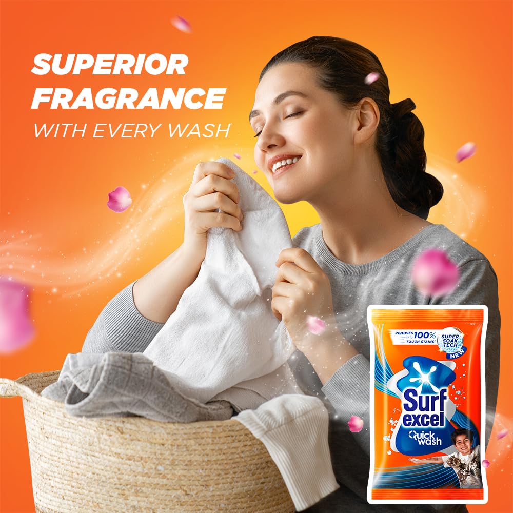 Surf Excel Quick Wash Detergent Powder with Lemon & Bleach - Powerful Stain Remover for Tough Stains (500g) - Ideal for Laundry, Clothes, and Household Cleaning