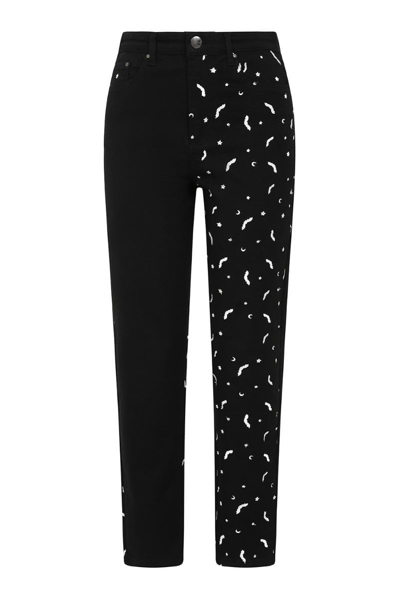 Hell Bunny Bat Duo Denim Jeans - Pink & Black Half & Half Stretch Skinny Jeans for Women | Gothic Punk Halloween Outfit, Casual Wear, Rock Concert Fashion