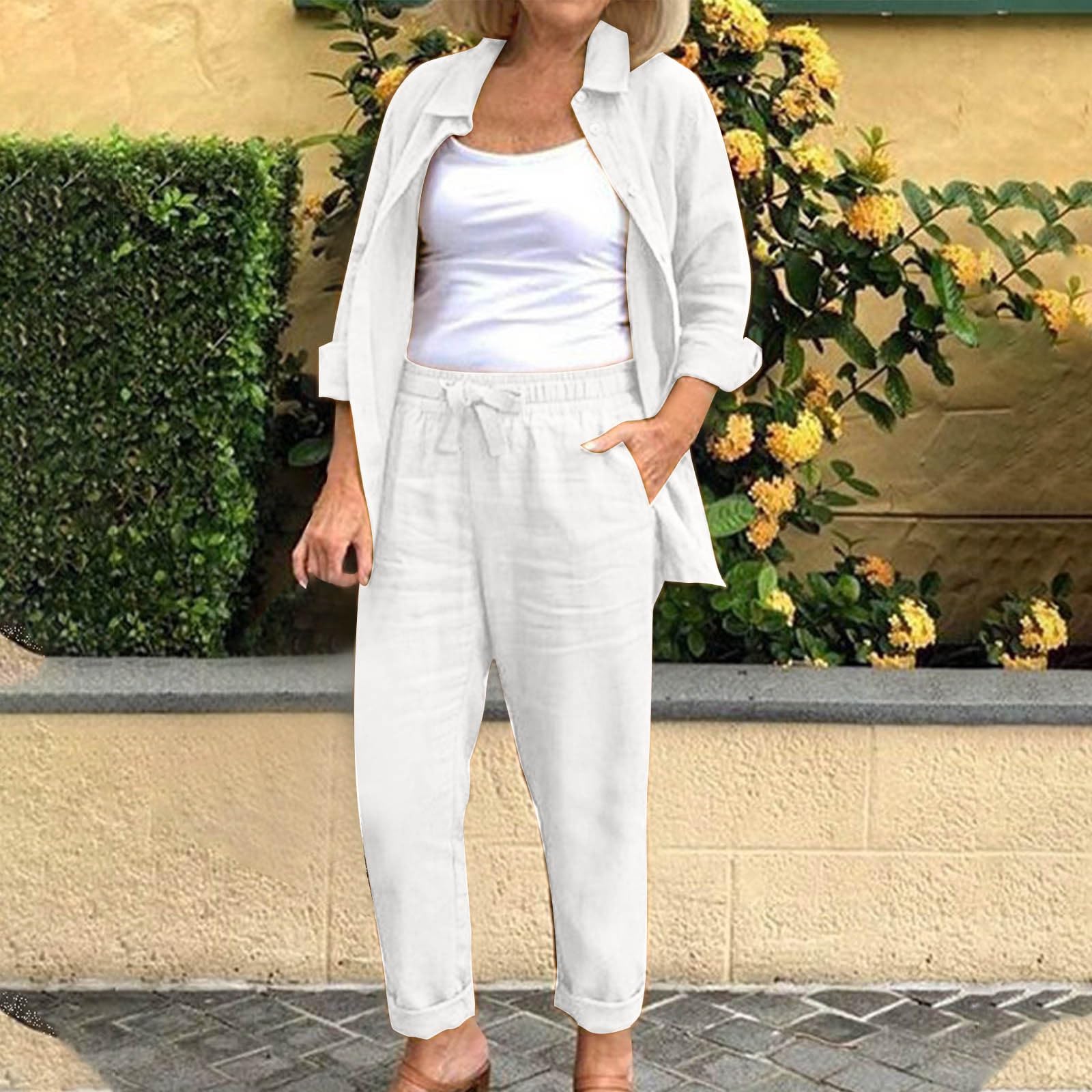 YMADREIG Women's 2-Piece Linen Outfit - Long Sleeve Button Down Shirt & Baggy Pants Set | Summer Casual Lounge Wear for Beach, Travel & Relaxation