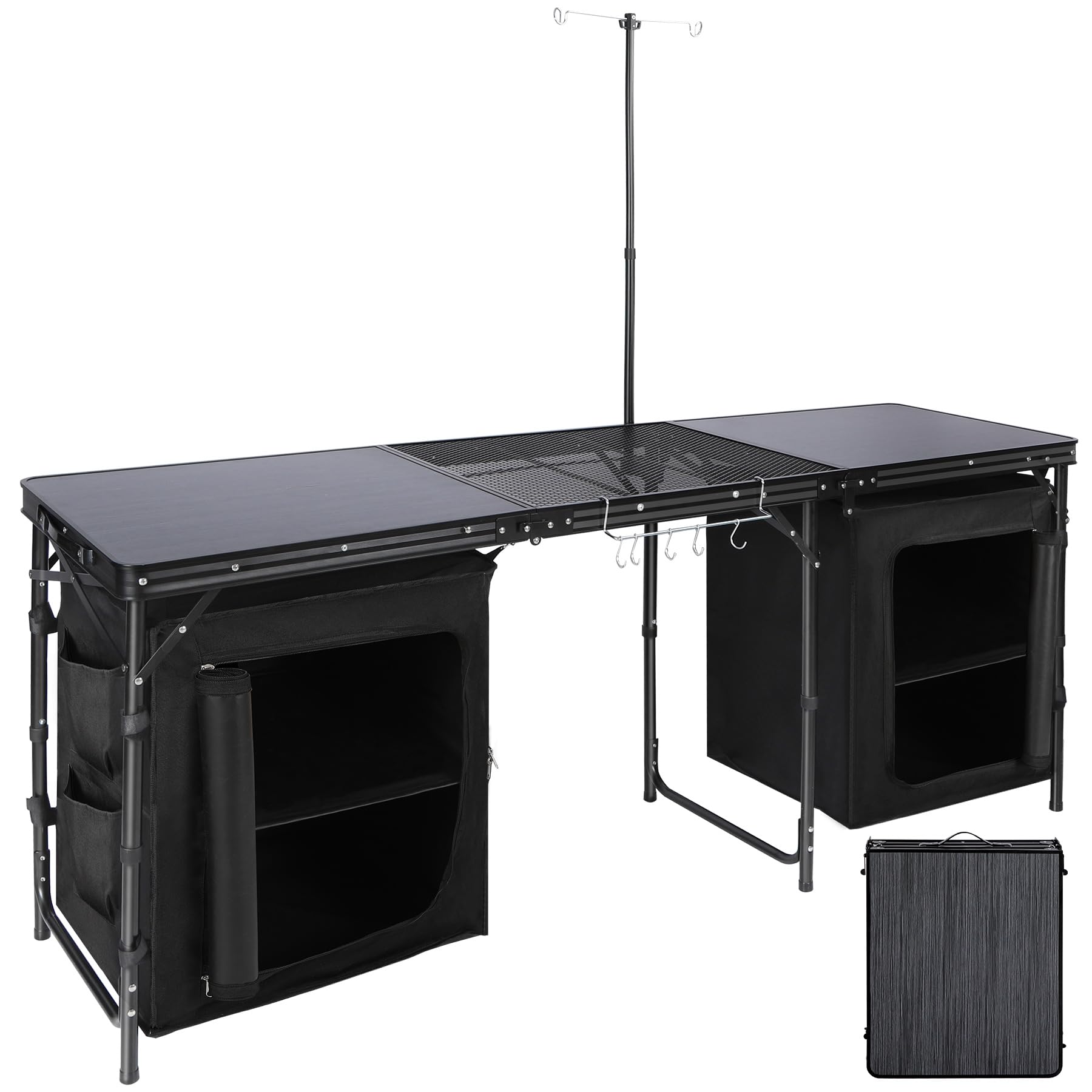 REDCAMP Extra Long 3-Fold Camping Table with Storage Organizer | Portable Folding Outdoor Kitchen Station for Grilling, Cooking, Parties | Perfect for Camping, Backyard BBQs, Picnics & Tailgating (Black)