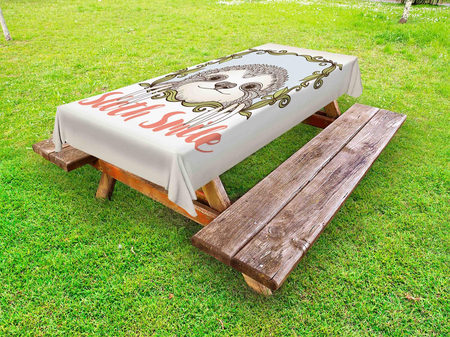 Ambesonne Sloth Print Outdoor Tablecloth - Exotic Animal Floral Frame Design, Washable Picnic Table Cover 58x104 Inches - Olive Green Blue Pink for Garden Parties, BBQs, and Picnics