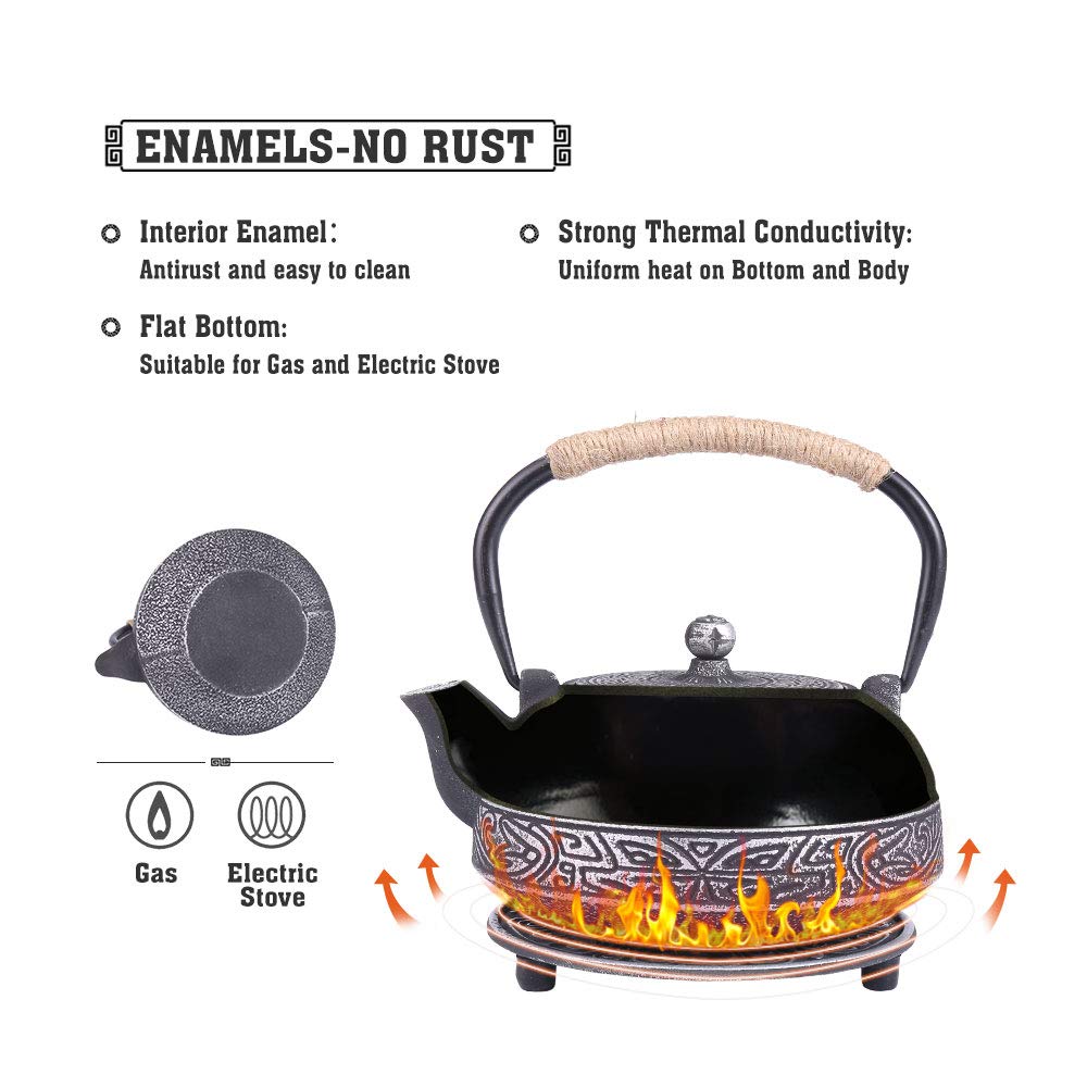 Premium Japanese Style Cast Iron Teapot Set with Infuser - 28oz Enameled Interior Tea Kettle & 4 Matching Teacups - Stovetop Safe Black Iron Teapot - Perfect for Tea Ceremonies, Home Decor & Thoughtful Gifts