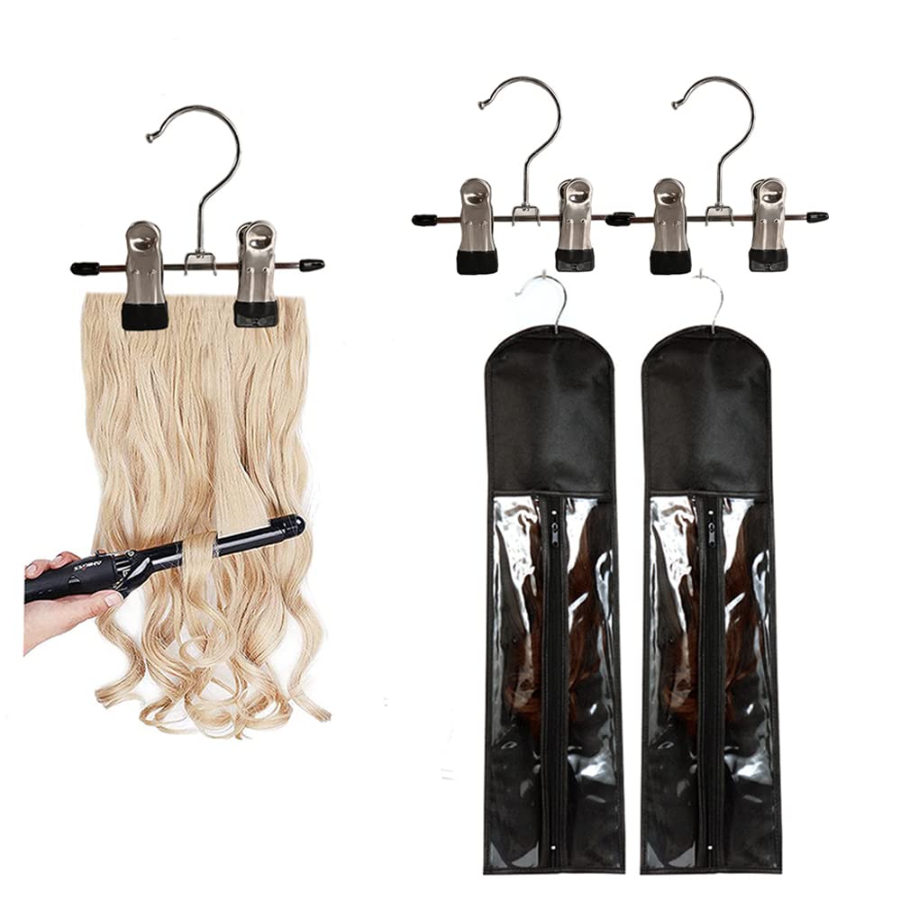 2-Piece Hair Extensions Hanger with Storage Bag - Professional Wig Organizer for Dust-Proof Hair Extension Storage - Perfect for Salon, Home & Travel Use
