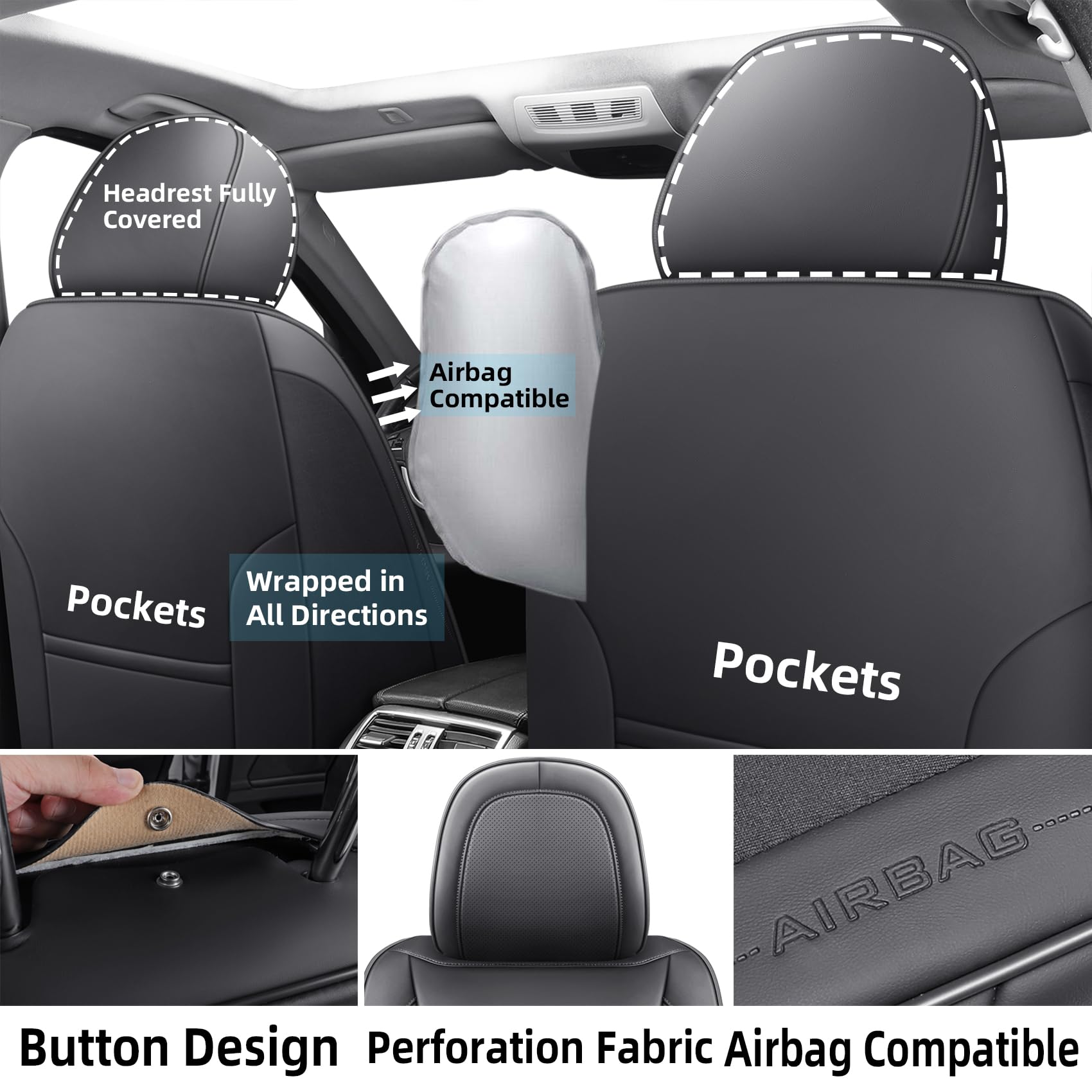 Premium Faux Leather Car Seat Covers Full Set - Universal Fit for Most Sedans & SUVs | Super Breathable, Full Wrapping Edge Design | Perfect for Daily Commute, Road Trips & Family Protection (Black)