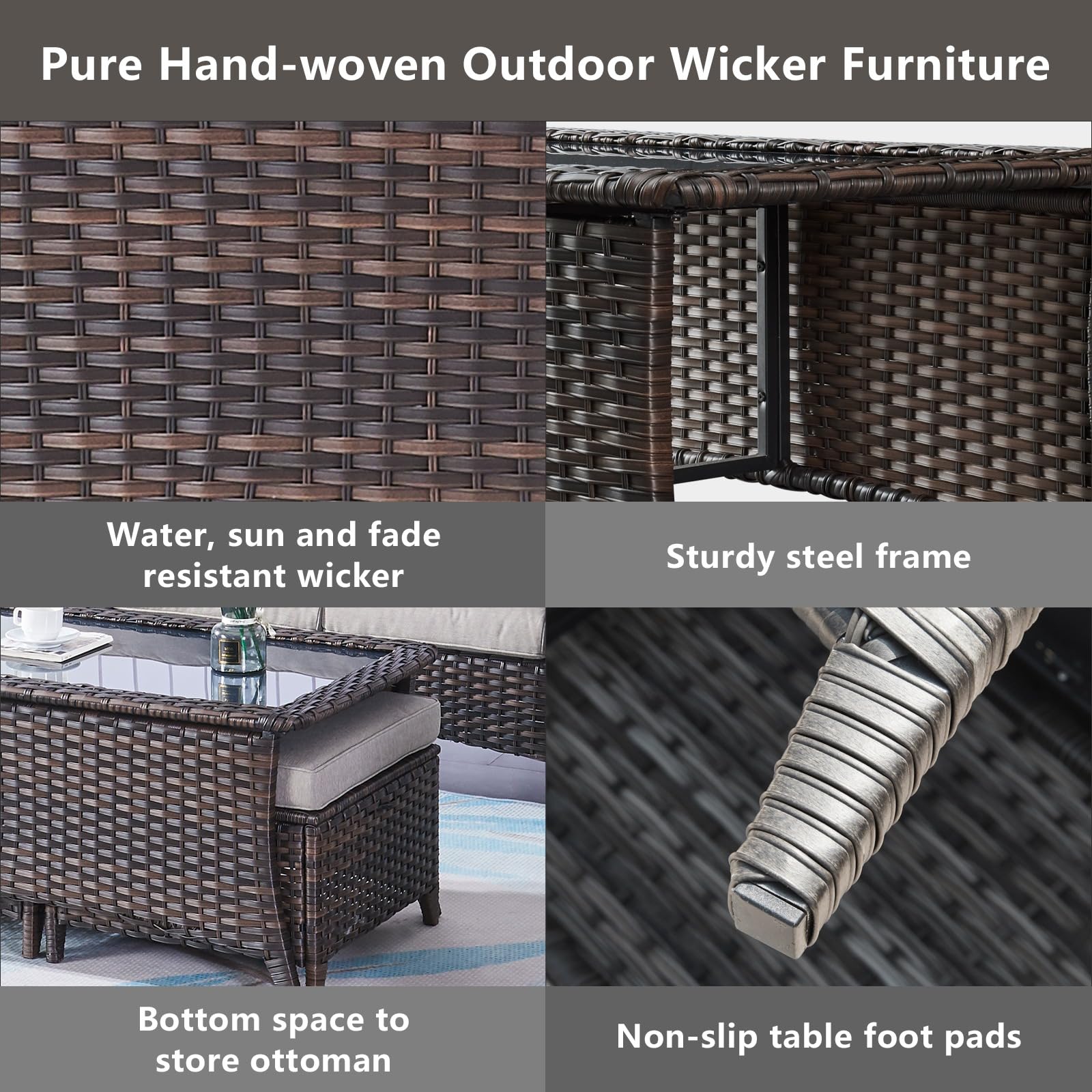 Outdoor Coffee Table with Tempered Glass Top - Brown Rectangular Wicker Patio Table, Handwoven Rattan Furniture for Porch, Deck, Backyard | Perfect for Outdoor Lounging, Garden Parties & Poolside Relaxation