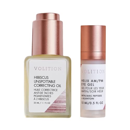 Volition Beauty AM/PM Glow Duo Set - Hibiscus Unspottable Correcting Facial Oil (35ml) & Helix Eye Gel-Cream (15ml) for Dark Spot Reduction & Brightening | Day & Night Skincare Routine for Radiant Complexion