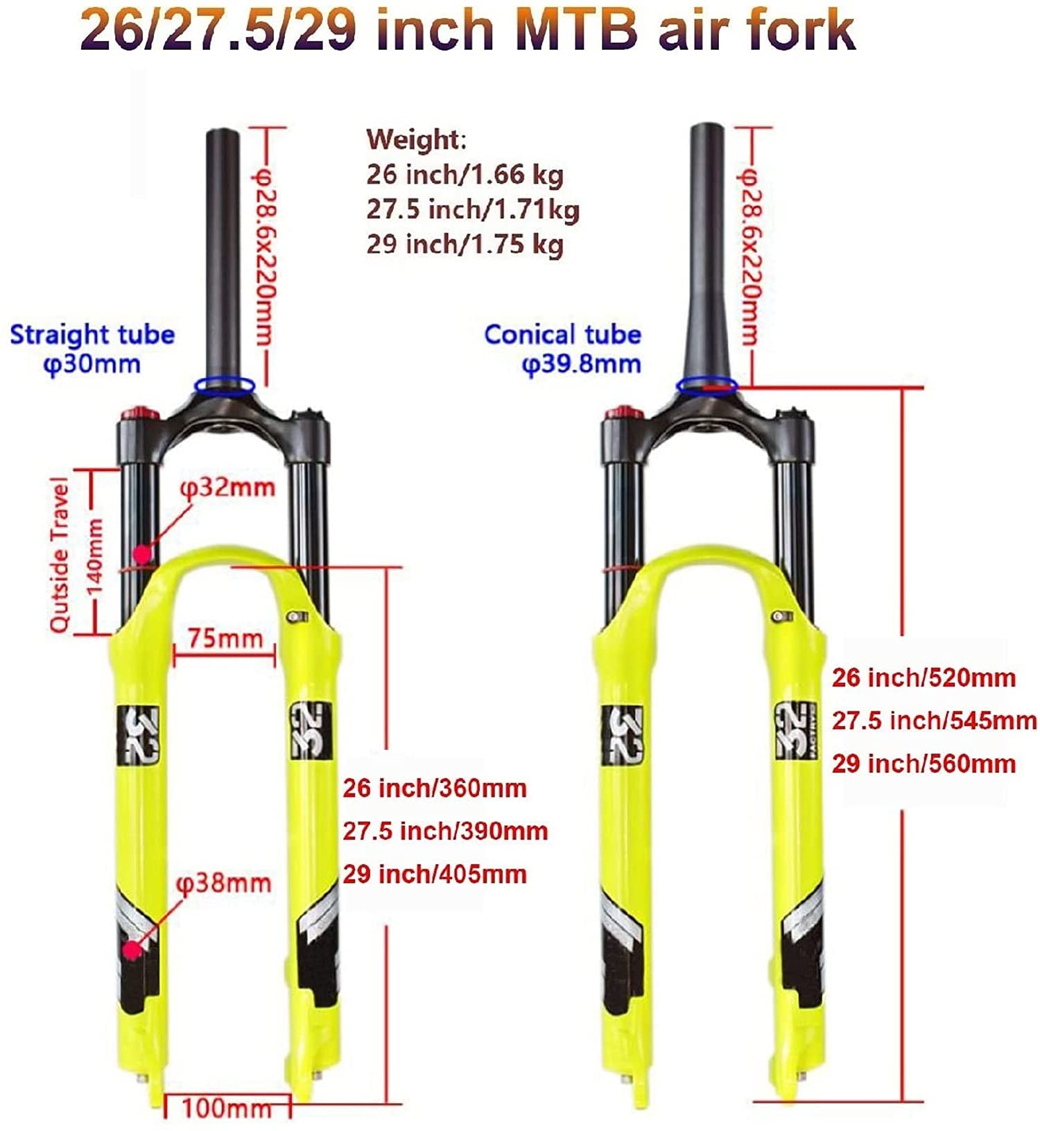 Ultralight MTB Air Suspension Forks 26/27.5/29 Inch 140mm Travel - Remote Lockout & Rebound Adjust - Straight/Tapered QR 9mm - Disc Brake Compatible - Perfect for Trail Riding, Downhill & Mountain Biking Adventures
