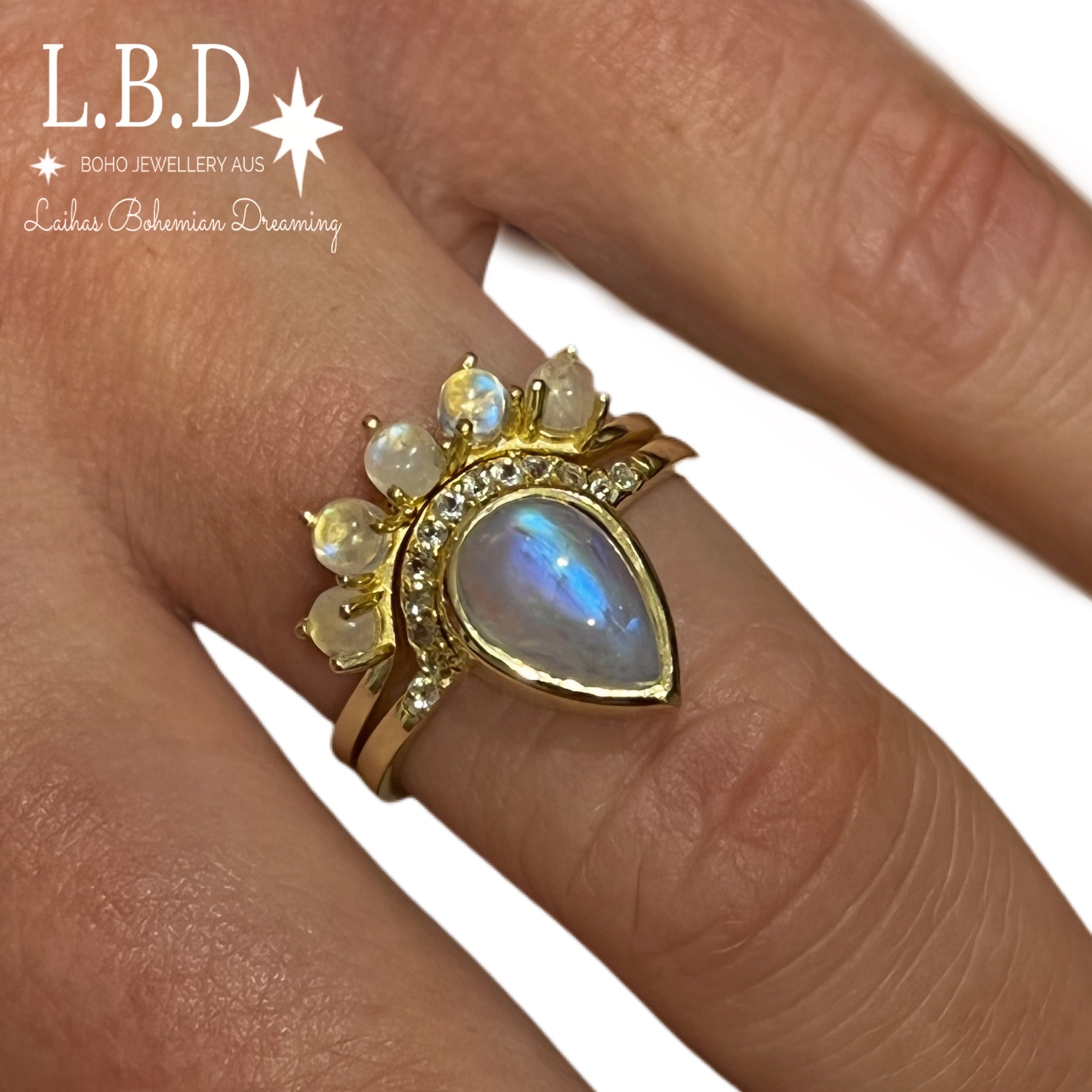 Laihas Over The Rainbow Topaz and Moonstone Gold Twin Ring Set for Women - Elegant Stackable Rings for Everyday Wear, Gift Giving & Special Occasions