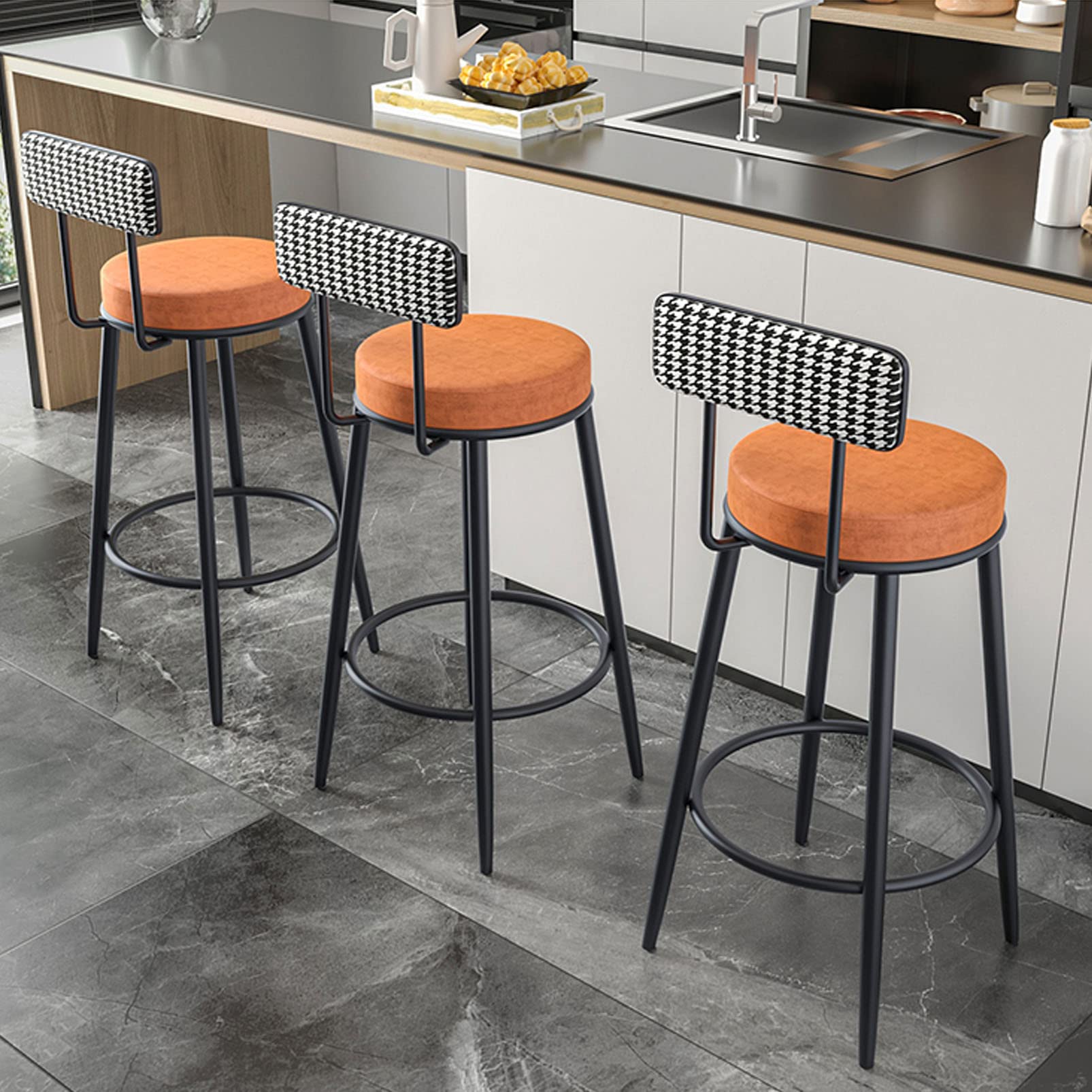 Industrial Bar Stools with Footrest - Upholstered Kitchen Counter Stools for Living Room, Dining Room & Party Room - Heavy Duty Barstool Chairs for Home, Restaurant & Commercial Use