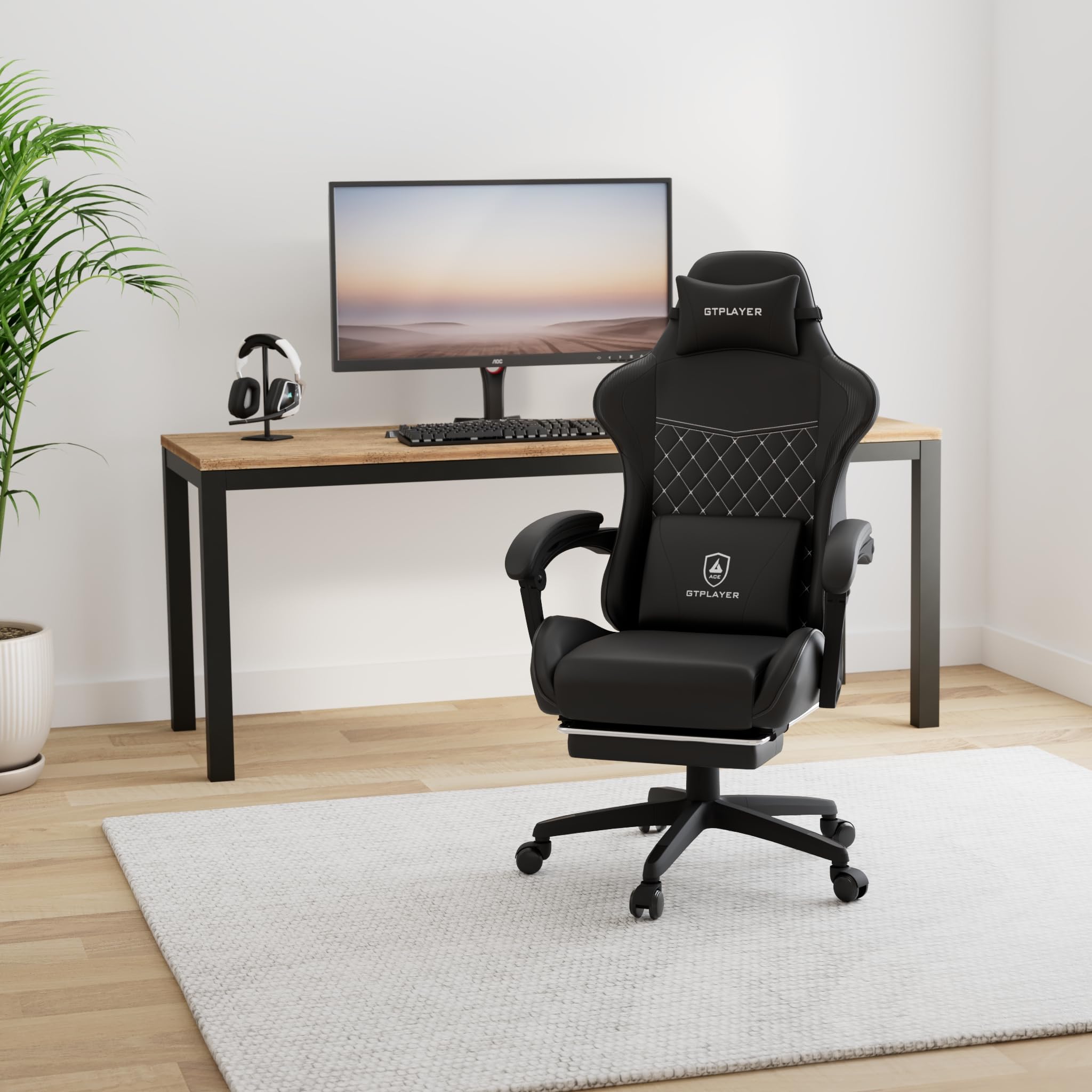 GTPLAYER Ergonomic Gaming Chair - High Back PU Leather Office Chair with Adjustable Height, Footrest & Lumbar Support - Removable Cover for Easy Cleaning - Perfect for PC Gaming, Home Office & Work (Black)