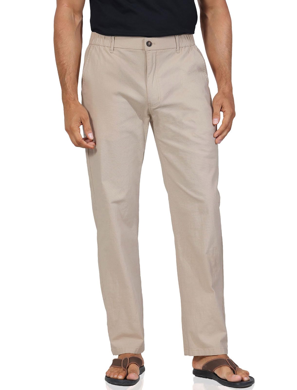 Soojun Men's Casual Linen Blend Pants - Relaxed Fit Straight Leg Elastic Waist Comfortable Summer Trousers for Travel, Work & Everyday Wear