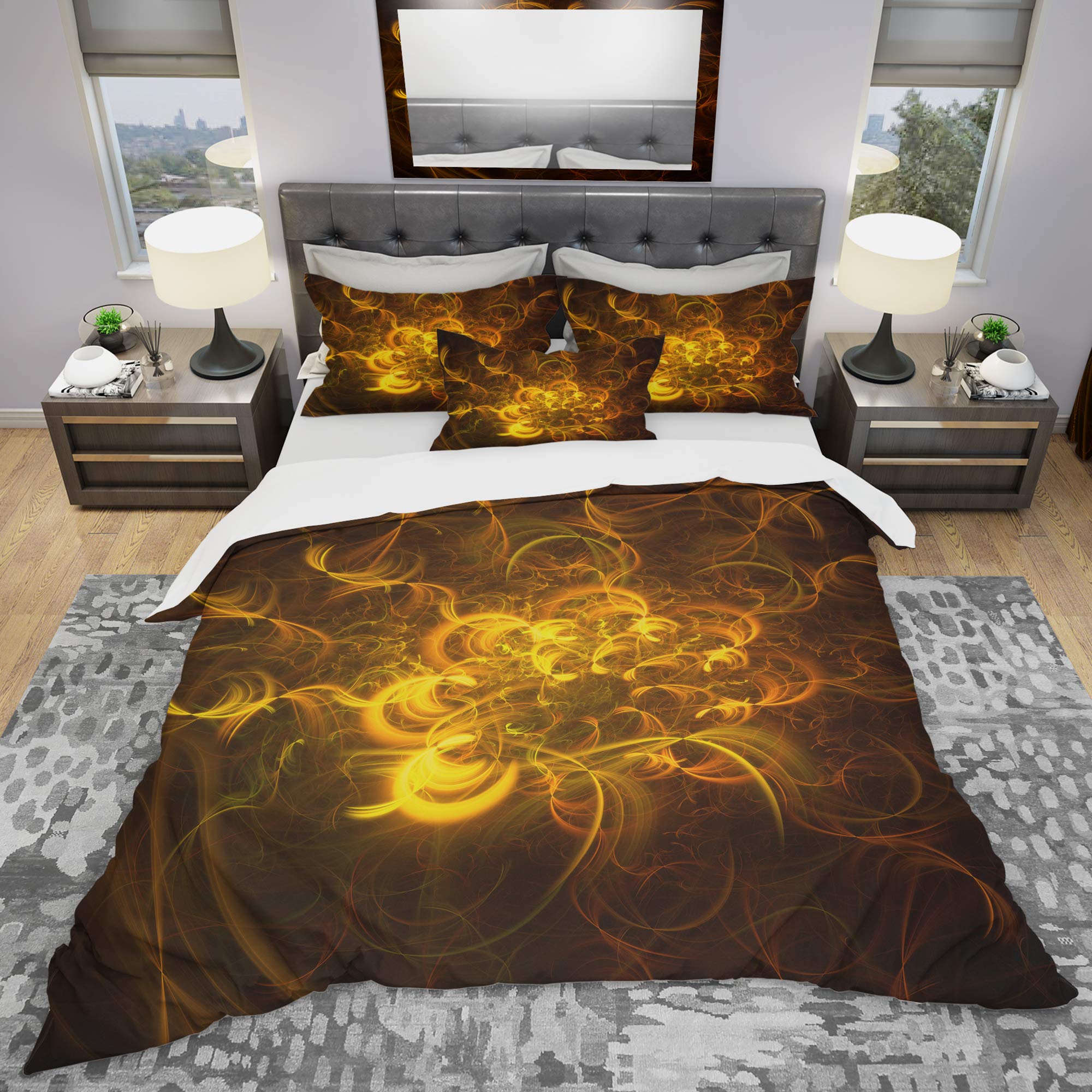 Golden Fractal Flower Duvet Cover Set - Twin Size Yellow Floral Bedding 3-Piece All Season Coastal & Nautical Design | Perfect for Beach House, Guest Room & Boho Chic Bedroom Decor