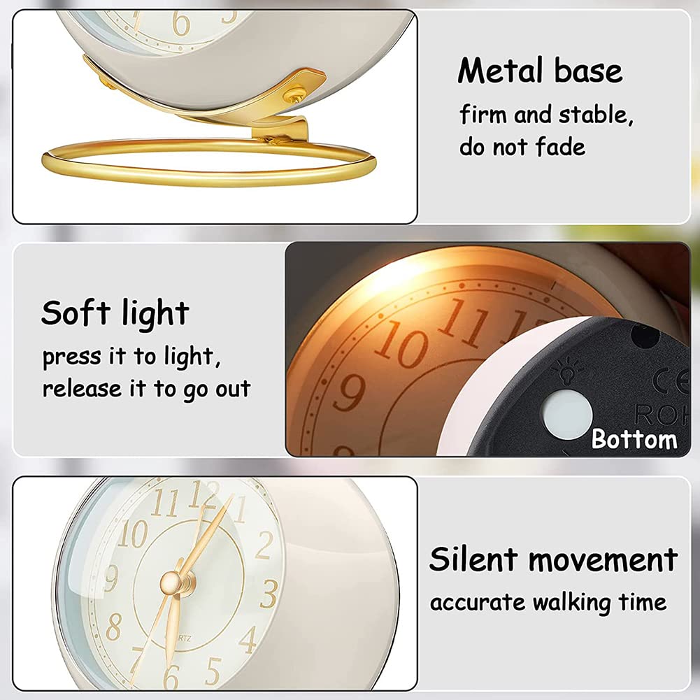 Classic Silent Non-Ticking Desk Clock with Backlight | Battery Operated Small Digital Alarm Clock | Gold Cute Tabletop Clock for Bedroom, Office, Living Room & Kitchen Decor | Perfect for Nightstands, Bookshelves & Workspaces (White)