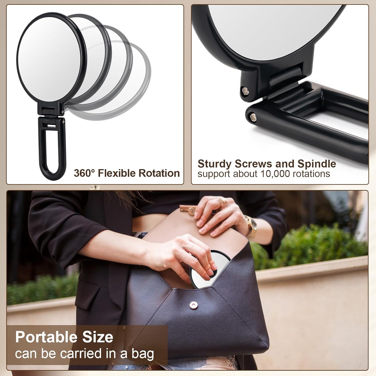 BOOMIBOO 10X Magnifying Mirror with Light, Double-Sided Foldable Travel Makeup Mirror - Adjustable Rotation, Handheld/Desk/Hanging Vanity Mirror for Makeup, Skincare & Eyebrow Grooming - Perfect for Travel, Bathroom & Dressing Table (Black)