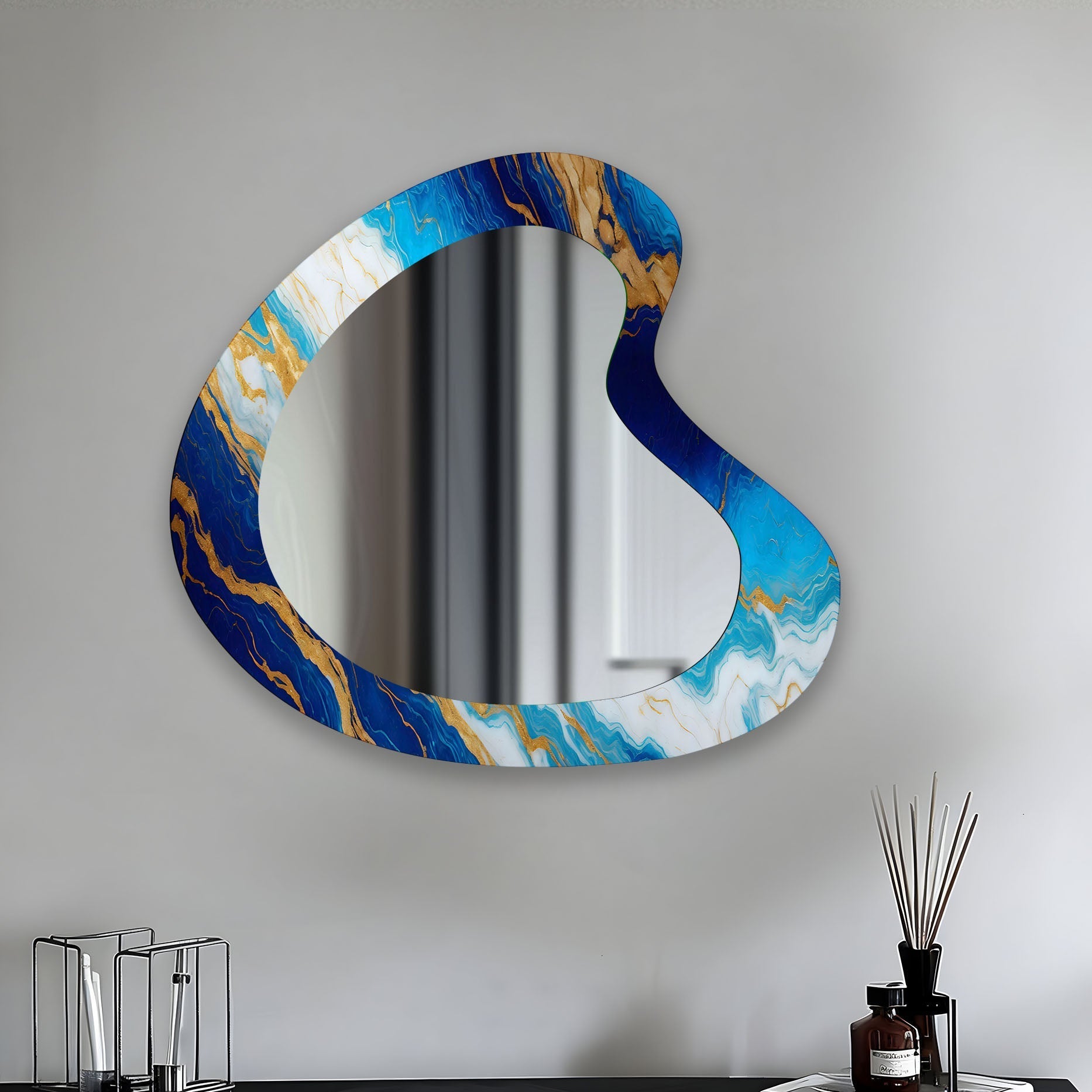 Blue Marble Aesthetic Glass Wall Mirror - Elegant Home Decor for Bedroom, Living Room & Bathroom | Perfect for Vanity, Dressing Area & Interior Design