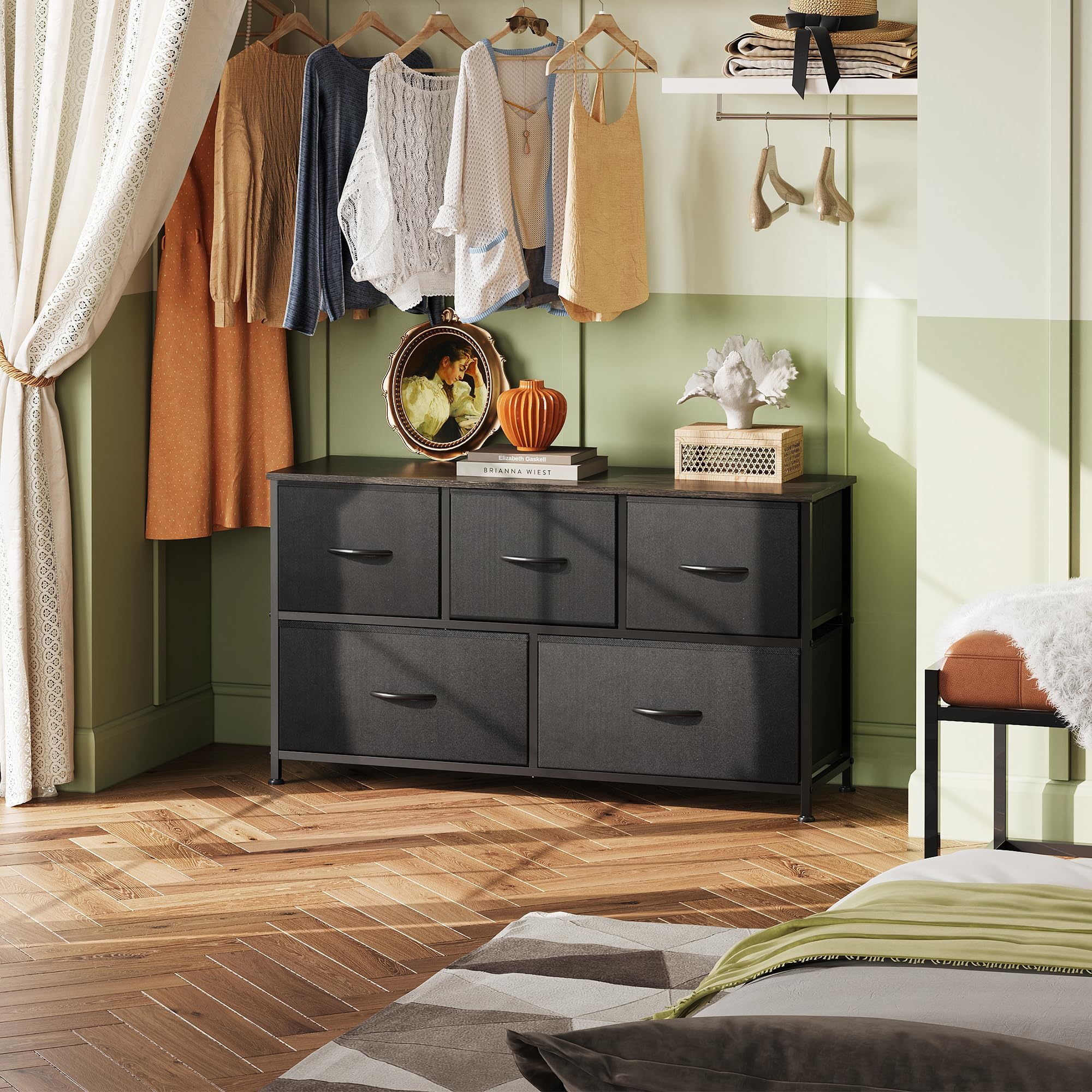 WLIVE 5-Drawer Fabric Dresser for Bedroom - Wide Storage Organizer with Fabric Bins for Clothes, Toys & Home Organization - Perfect for Closet, Living Room & Hallway - Charcoal Black