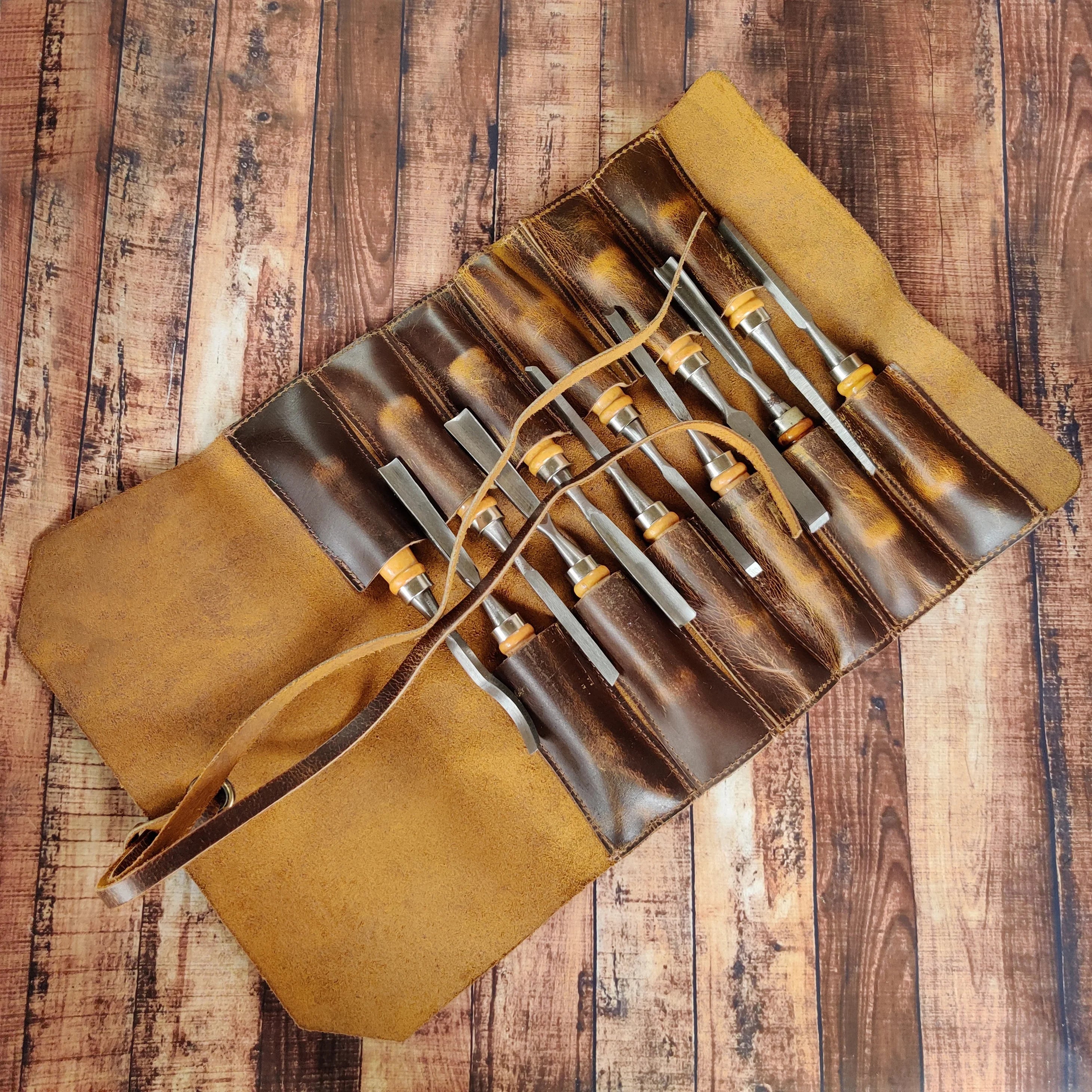 Premium Full Grain Leather Tool Roll Up Pouch - Handcrafted 12-Slot Organizer for Wrenches, Screwdrivers & DIY Tools | Perfect for Mechanics, Carpenters & Home Workshops