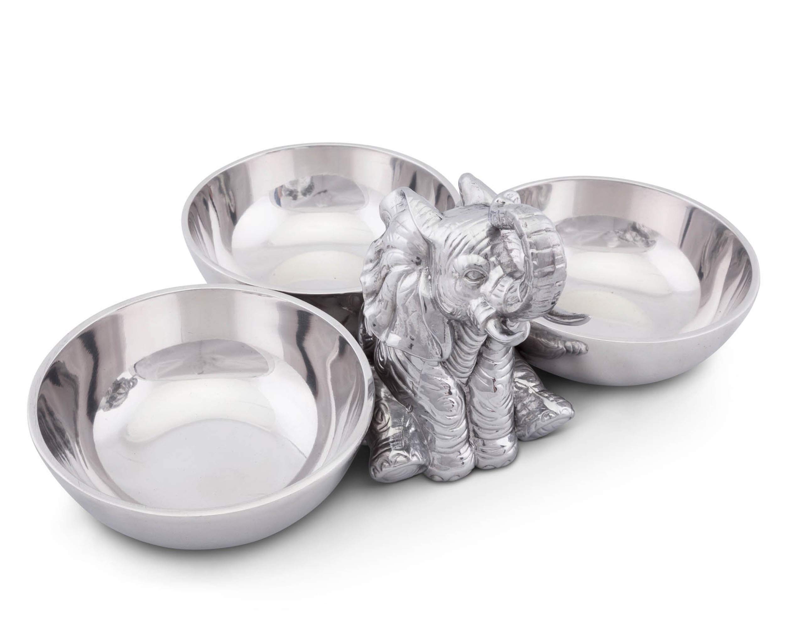 Arthur Court Designs Aluminum Elephant Snack Bowl Set - 3 Compartment Candy Nut Dish, 12.5
