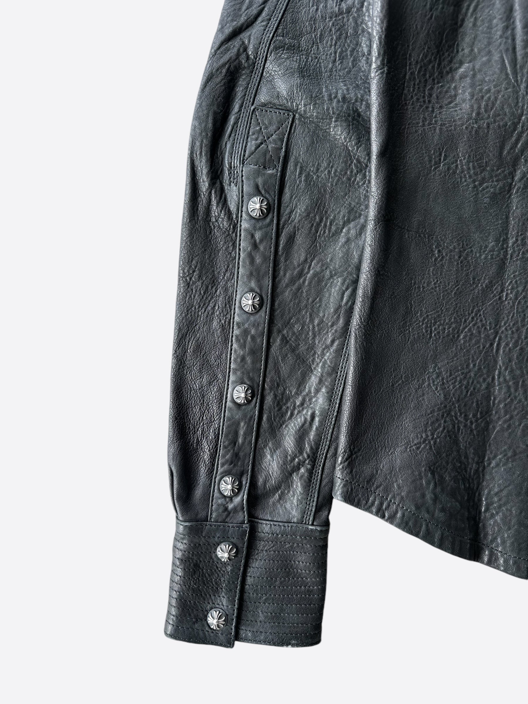 Chrome Hearts Black Leather Button Up Shirt for Men - Stylish Designer Long Sleeve Shirt for Casual Wear & Night Out