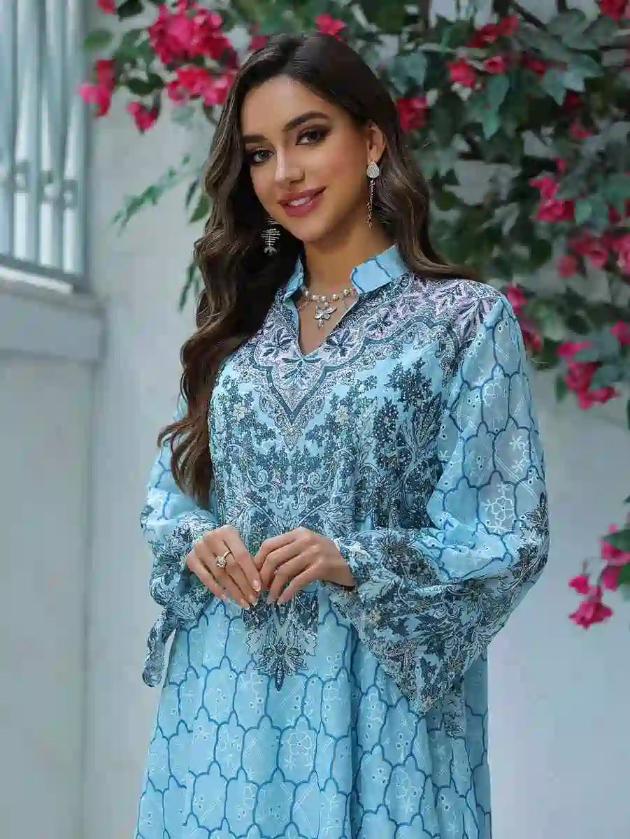 Elegant Eid Dress for Women - Embroidered Caftan Kaftan Dress with Floral Print #25436 - Perfect for Eid Celebrations, Weddings & Special Occasions