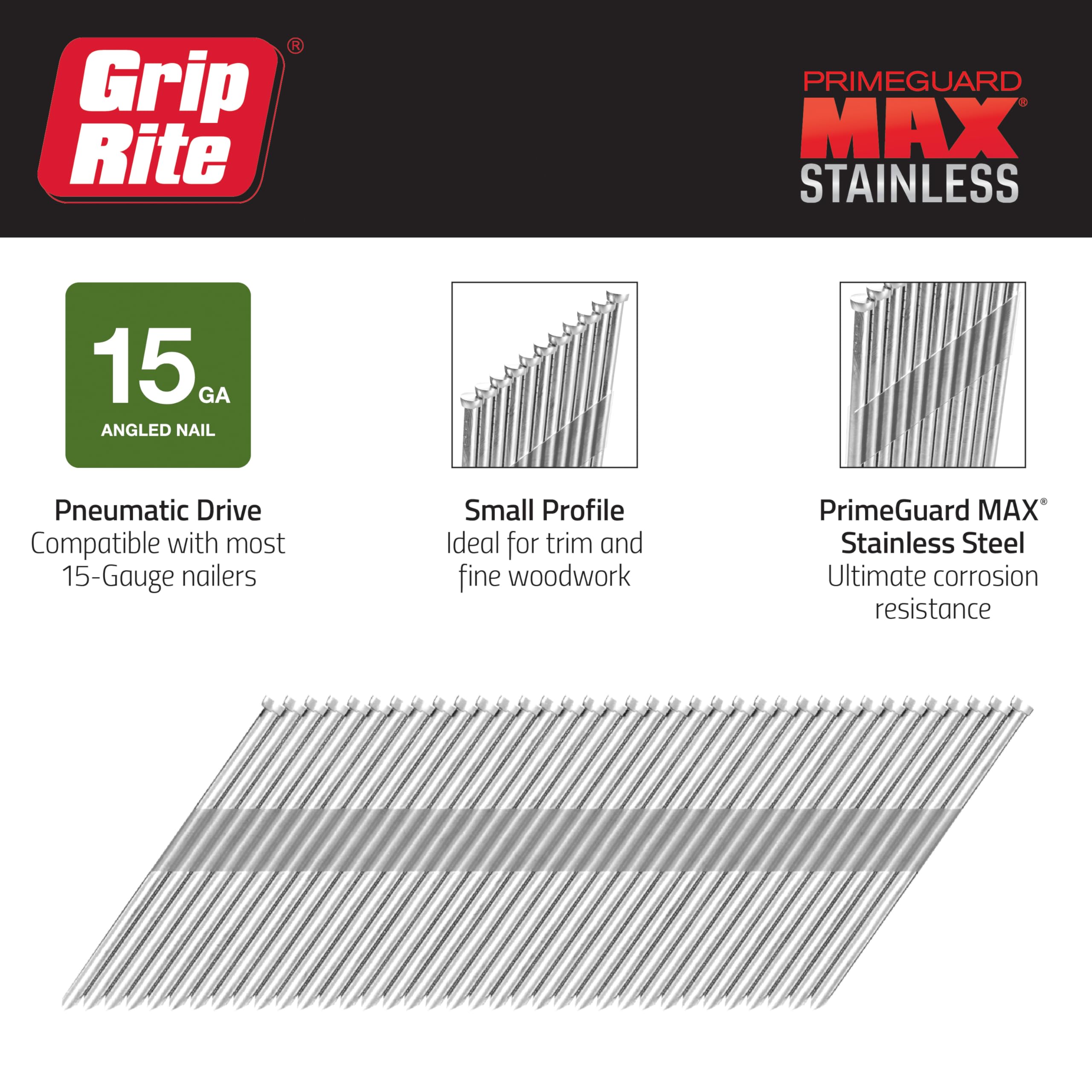 Grip Rite Prime Guard MAXB64902 1-1/2-Inch 316 Stainless Steel 15-Gauge DA-Style Angled Finish Nails, 500 per Belt Clip - Ideal for Trim Work, Cabinetry, and Fine Woodworking Projects
