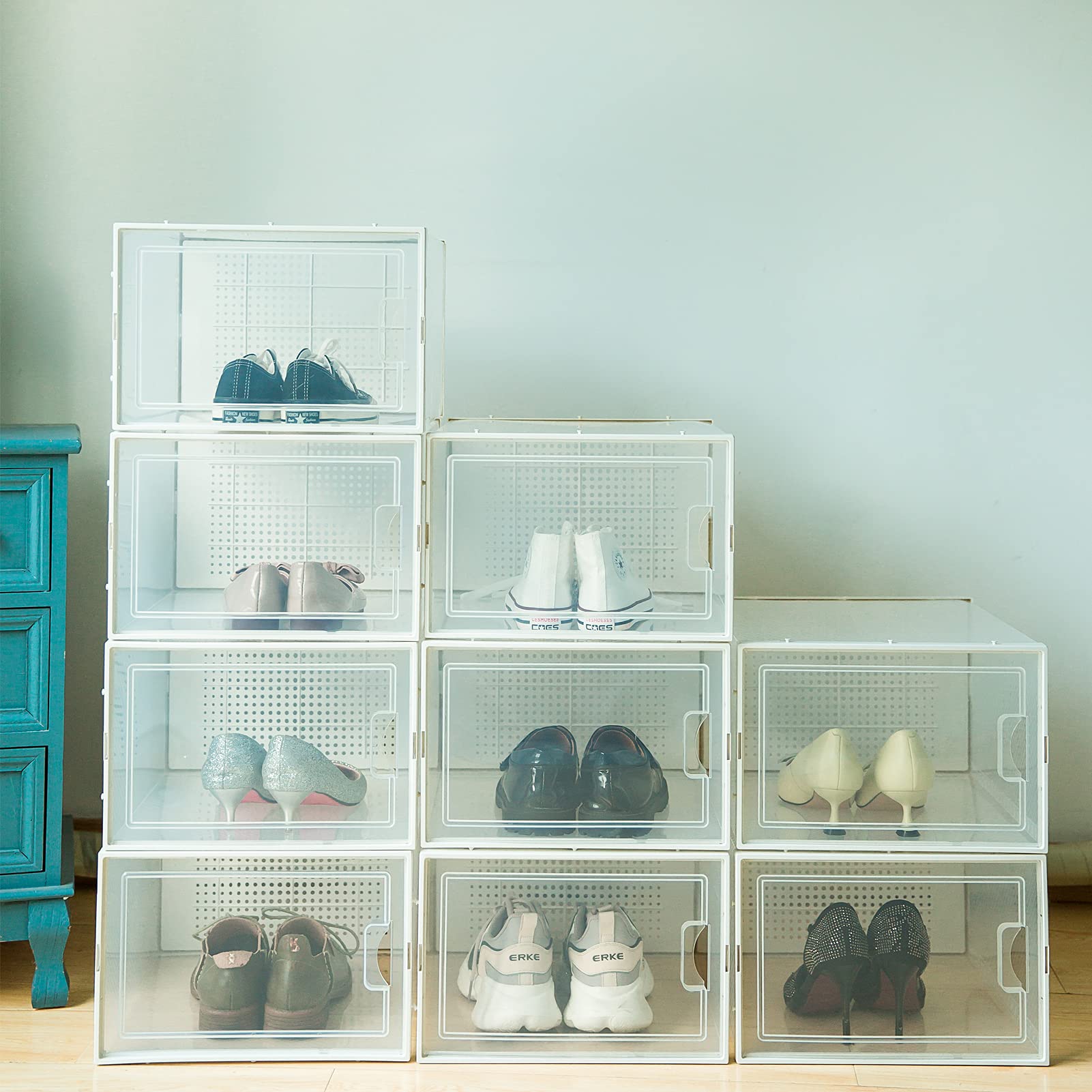 SANTIE 9 Pack Clear Plastic Shoe Storage Boxes - Stackable Shoe Organizer Bins for Men & Women, Heavy Duty Shoe Box Holds Up to Size 13.5, Perfect for Closet, Bedroom, Entryway Organization
