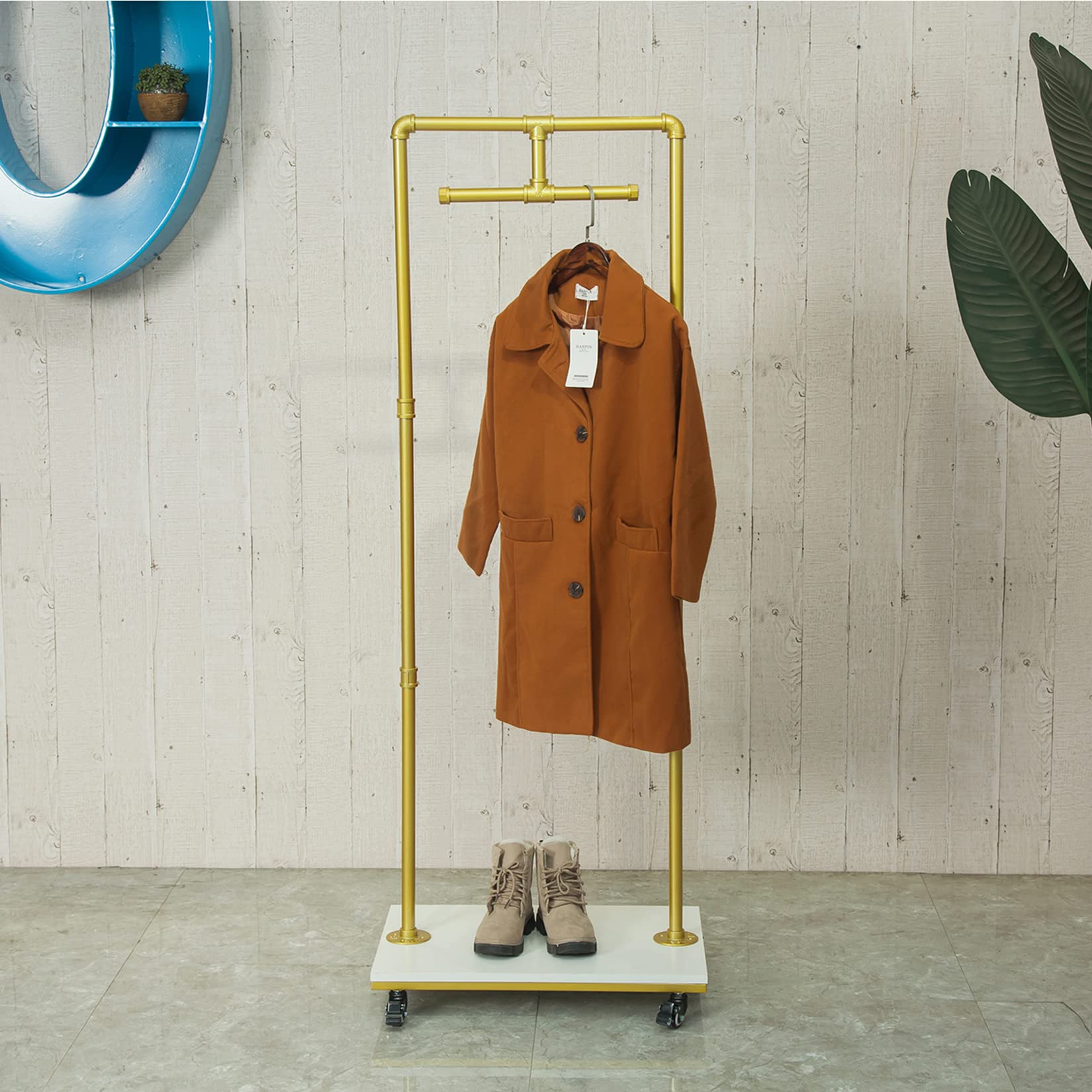 Industrial Pipe Rolling Garment Rack with Wheels - Heavy Duty Clothing Storage Display Stand, Adjustable Floor Standing Hanging Rod for Clothes, Hangers & Shelves (Gold) - Perfect for Retail Stores, Boutiques & Home Closet Organization