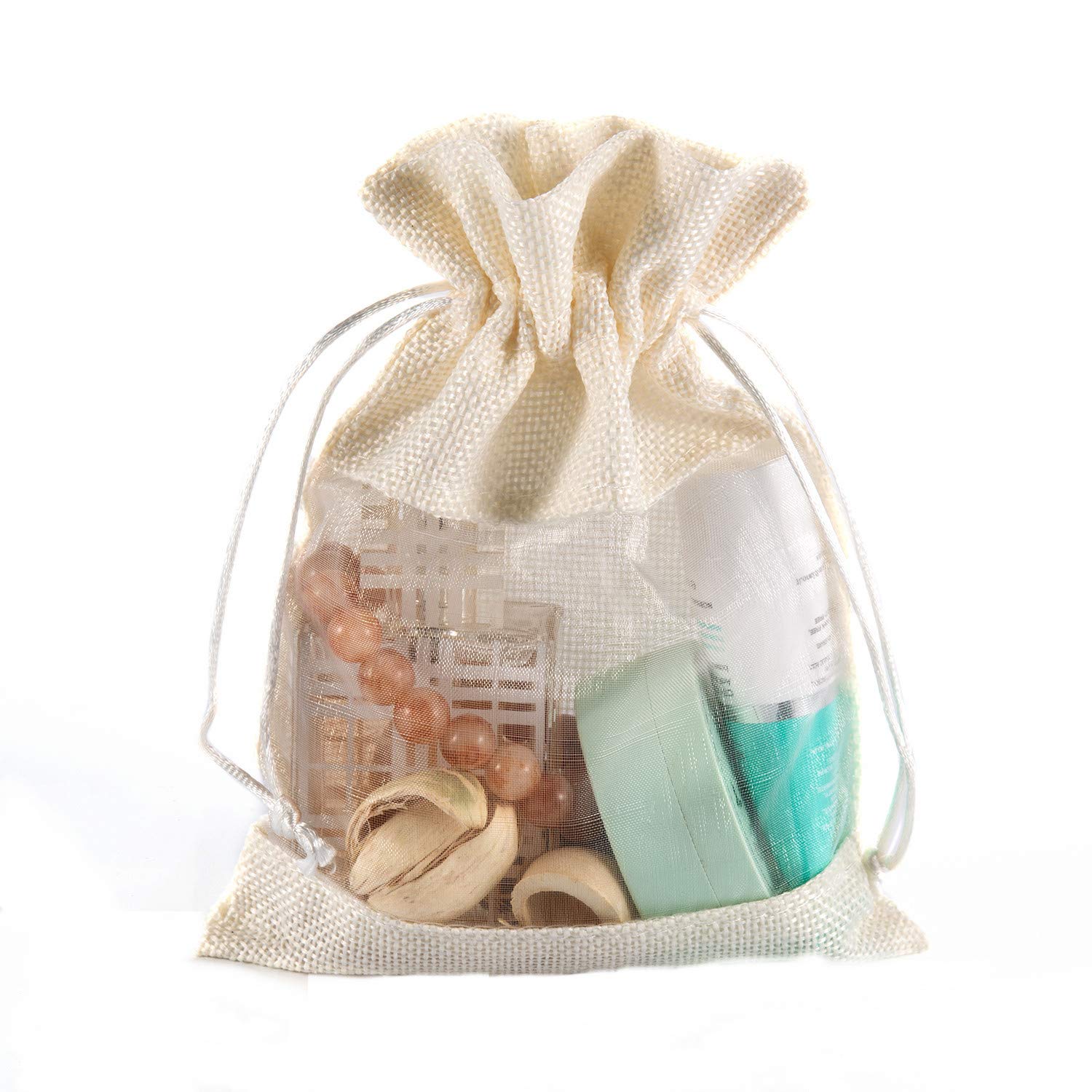 JaneOft 5x7 Inches 10PCS Drawstring Gift Bags with See Through Window - Natural Burlap Fabric in Ivory - Perfect for Wedding Favors, Party Gifts, Christmas Presents & Retail Packaging