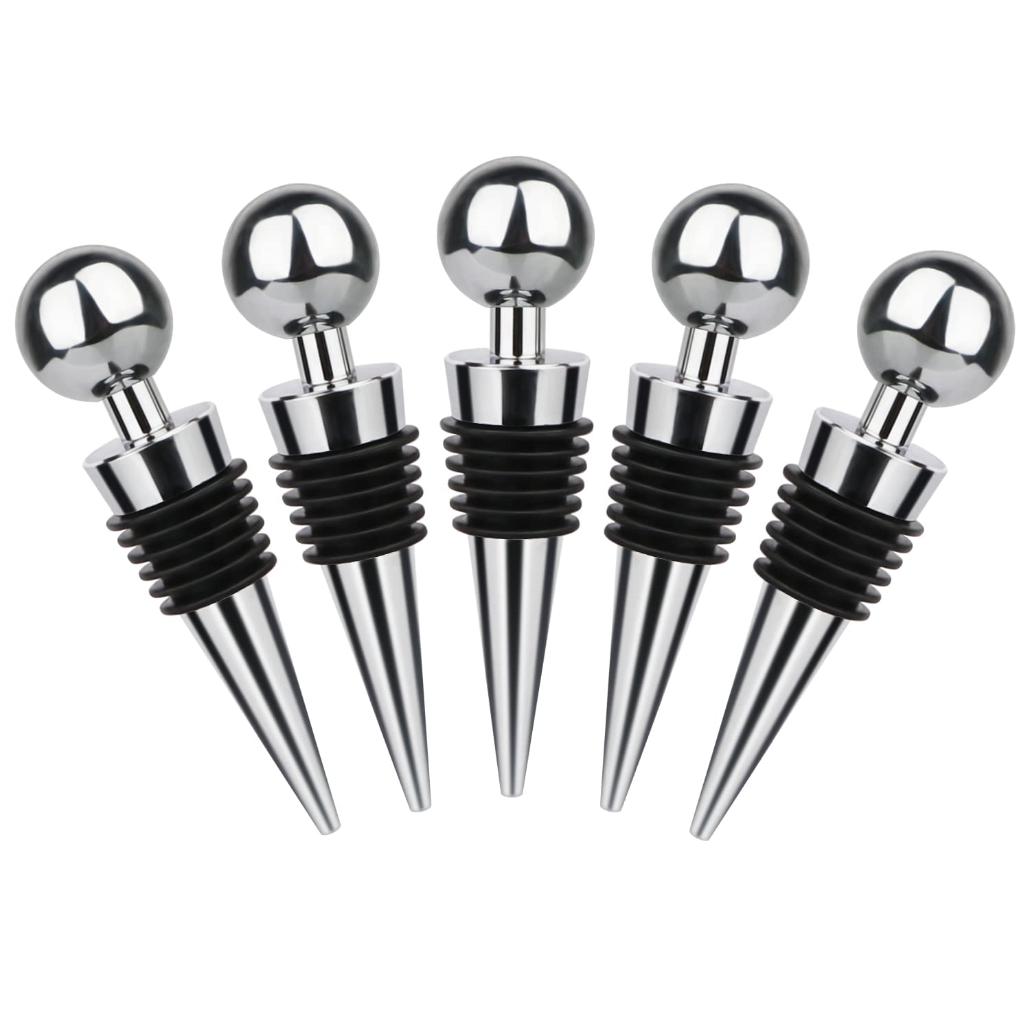 5-Pack Reusable Silicone Wine Bottle Stoppers - Airtight Vacuum Seal Keeps Wine Fresh for Standard Bottles | Perfect for Home Bars, Parties & Wine Preservation (Silver)