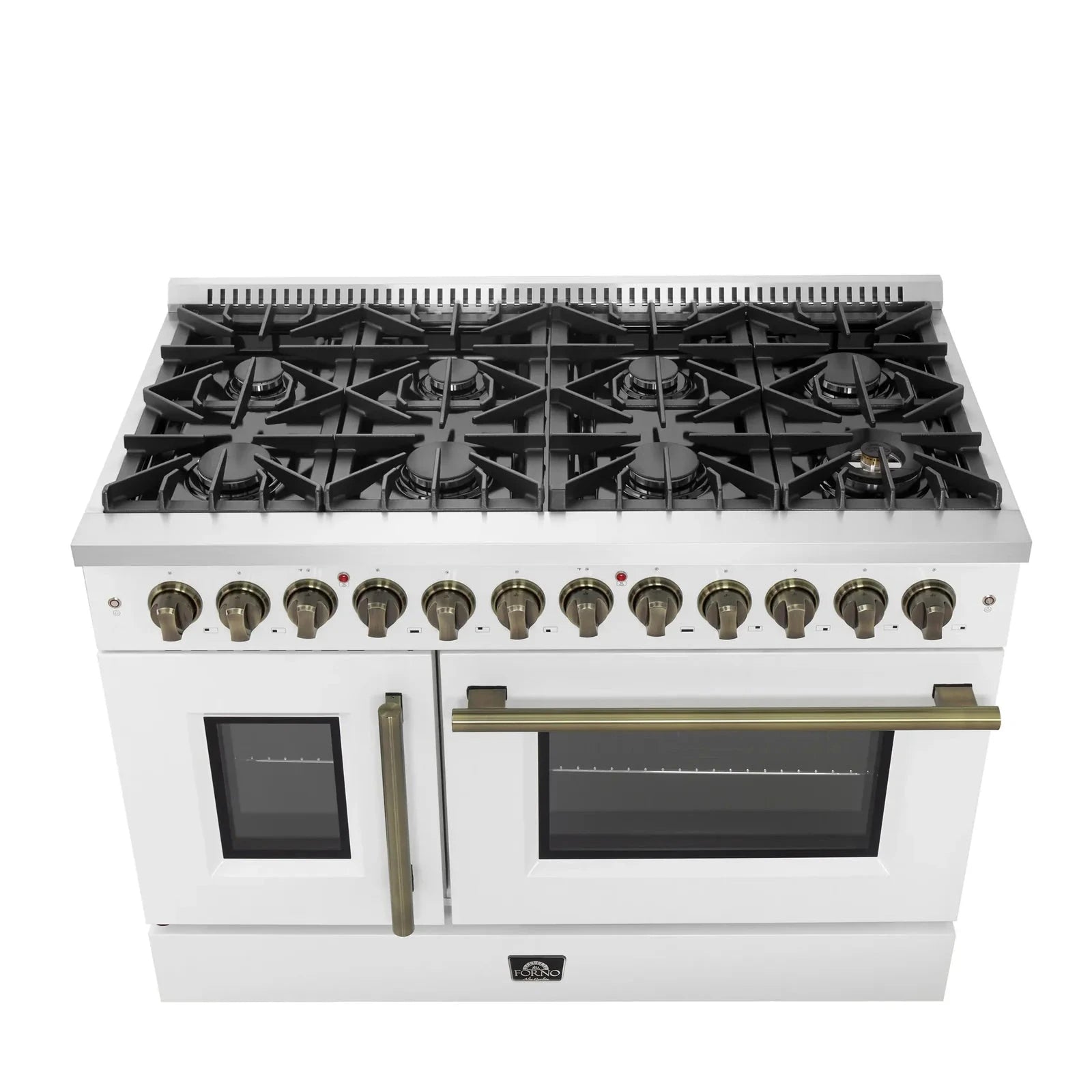 Forno Galiano 48-Inch French Door Dual Fuel Range - 8 Burner Gas Cooktop with Electric Convection Oven - White Antique Brass Trim (Model FFSGS6356 48WHT) - Perfect for Gourmet Kitchens & Professional Chefs