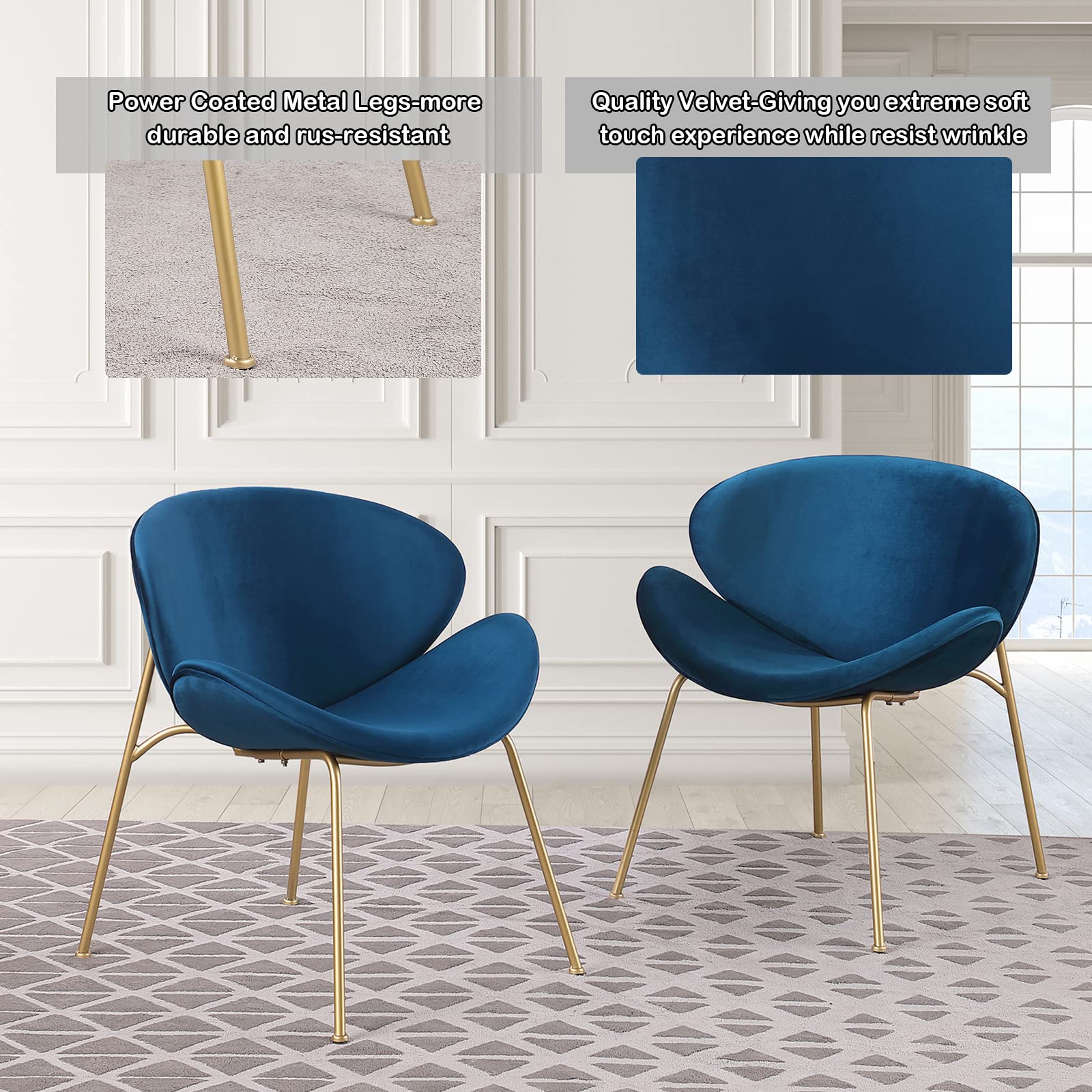 Velvet Dining Chairs Set of 2 - Modern Side Chairs with Golden Metal Legs & Curved Back, Plush Upholstered Vanity Chair for Bedroom, Living Room, Kitchen - Perfect for Dining, Reading, Makeup & Leisure Time