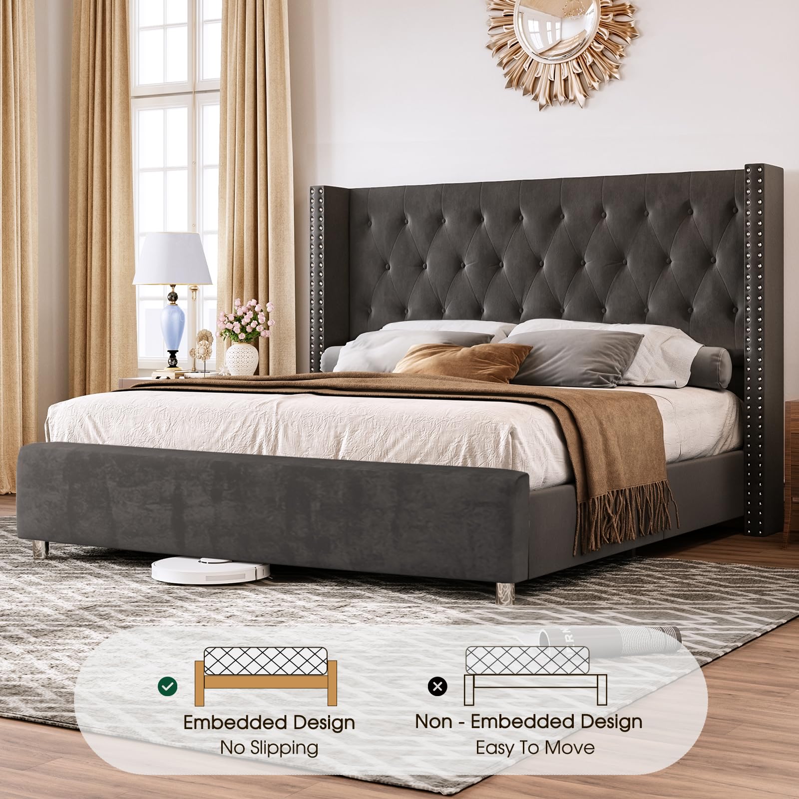 Luxury Velvet Upholstered King Size Bed Frame with Tall Wingback Headboard - Tufted Button Design, No Box Spring Needed, Easy Assembly, Grey - Perfect for Master Bedroom & Modern Home Decor