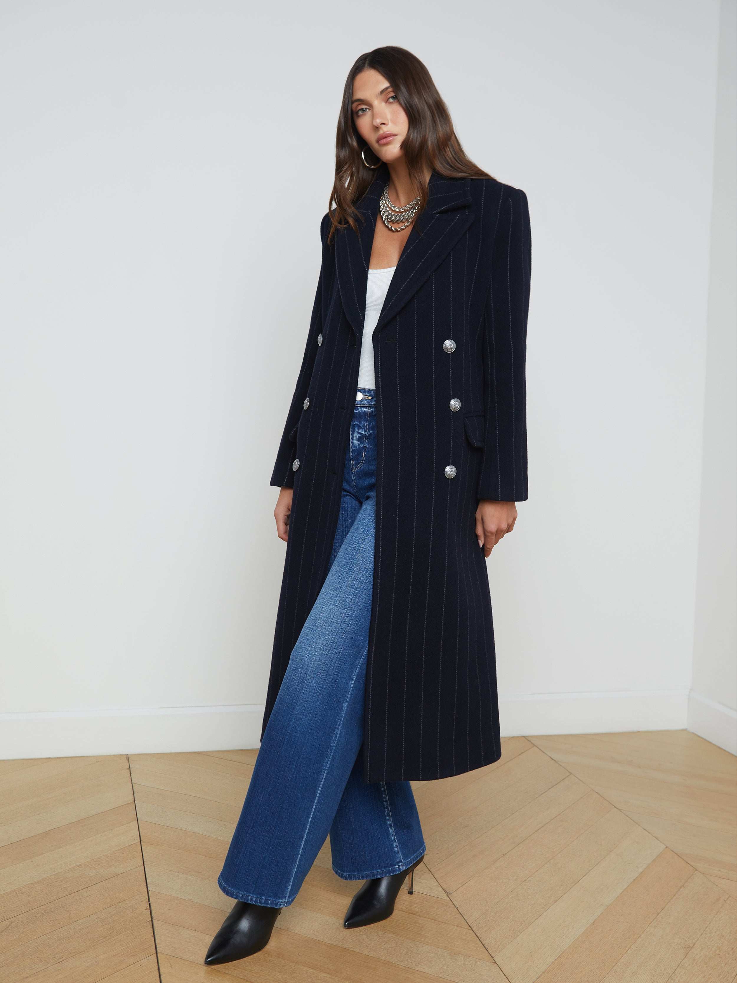 Olina Coat for Women - Midnight Ivory Pinstripe Wool Blend Trench Coat | Elegant Fall & Winter Outerwear for Office & Date Night