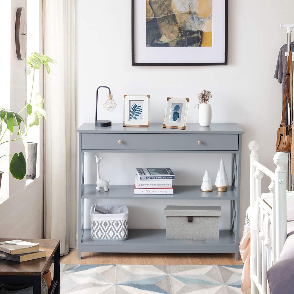 GOFLAME 3-Tier Narrow Sofa Table with Large Drawer & 2 Open Shelves, Modern Wooden Console Table for Entryway, Hallway & Living Room - Perfect for Small Space Storage & Home Decor (Grey)