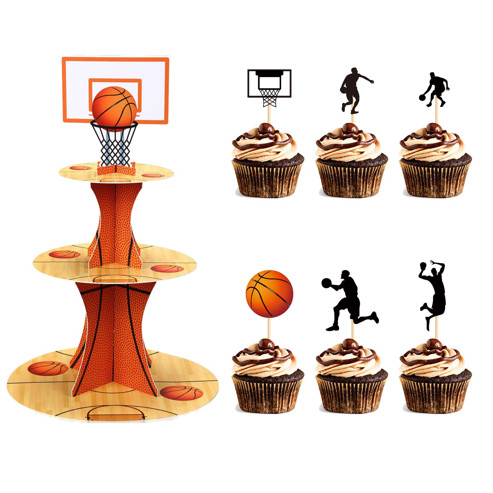 Basketball Cake Topper Set - 1 Cake Stand & 24 Cupcake Toppers for Basketball Birthday Party Decorations | Perfect for Indoor Outdoor Sports Themed Parties, Bars, and Game Day Celebrations