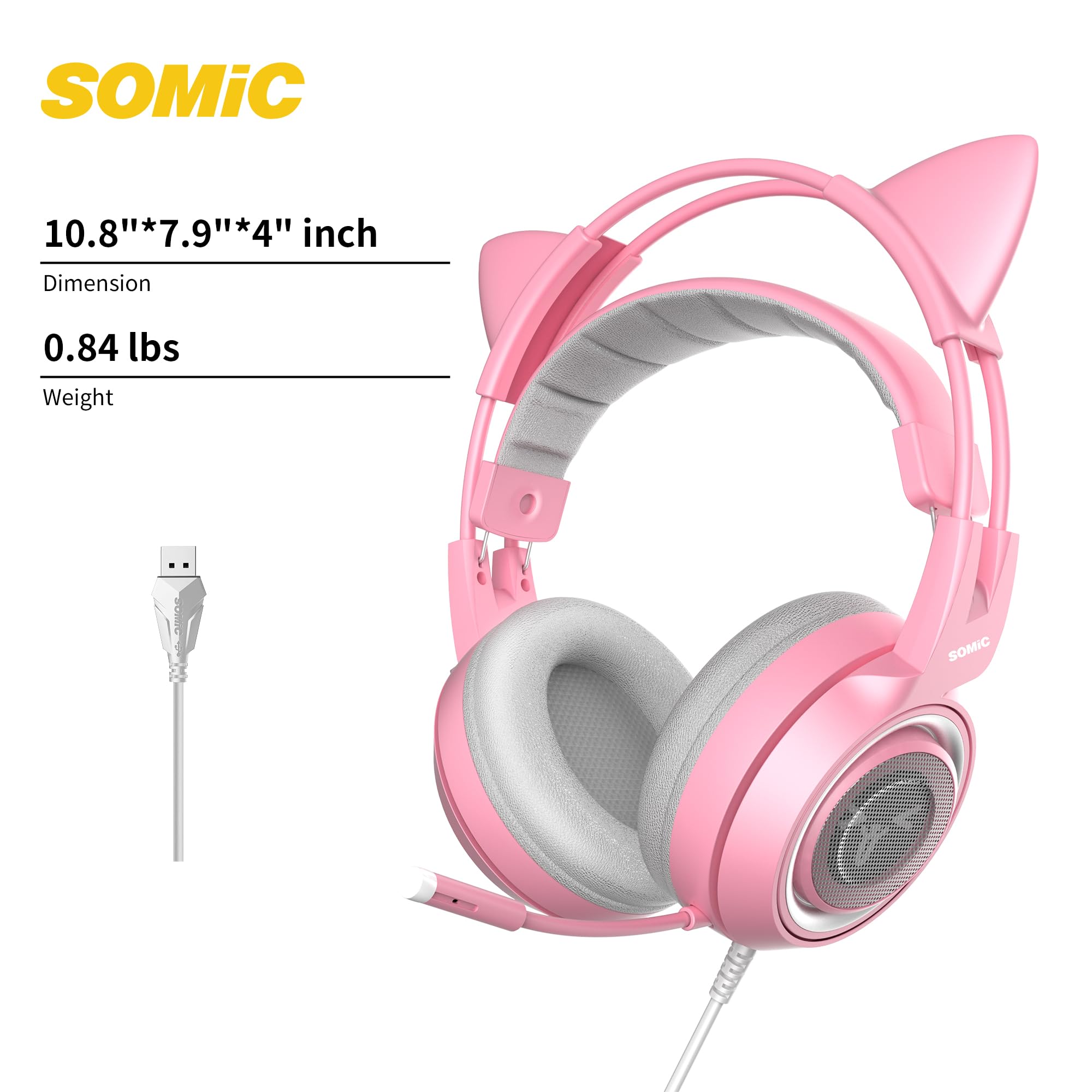 SOMIC G951 Pink Cat Ear Gaming Headset with Mic - USB Noise Cancelling Headphones, 7.1 Virtual Surround Sound, LED Lights for PC, PS4, PS5, Laptop - Perfect for Girls & Women Gamers (Ideal for Streaming, Online Gaming & Voice Chat)