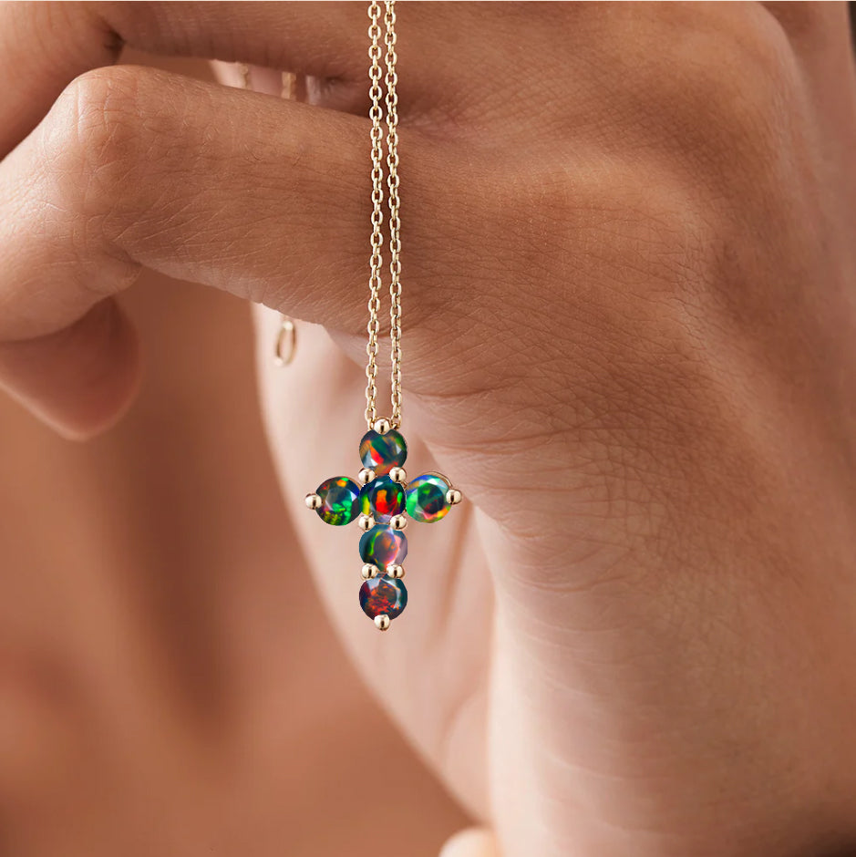 Black Opal Gemstone Cross Pendant Necklace - Elegant Sterling Silver Jewelry for Women - Perfect Gift for Birthday, Christmas & Special Occasions