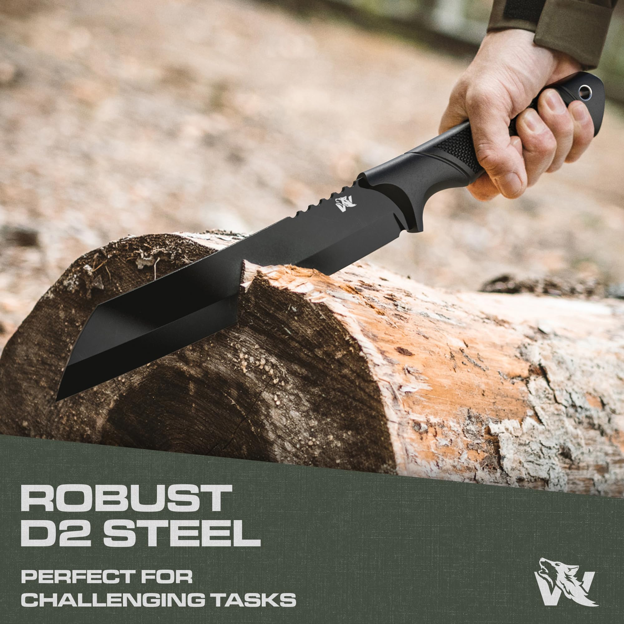 D2 Steel Survival Machete with Sheath - Full Tang Tactical Knife for Bushcraft, Yard Work & Tree Cutting | Heavy Duty TPE Handle Outdoor Tool for Camping, Hunting & Emergency Preparedness