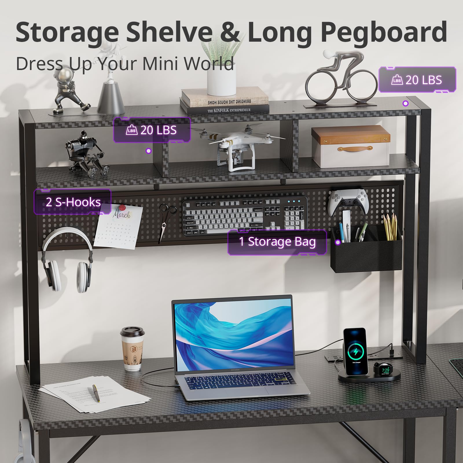 Premium L-Shaped Gaming Desk with Pegboard, Shelves & Drawers - Black Carbon Fiber Home Office Desk with Power Outlet, LED Lights, Monitor Stand & CPU Holder - Perfect for PC Gaming Setup, Streaming & Workstation