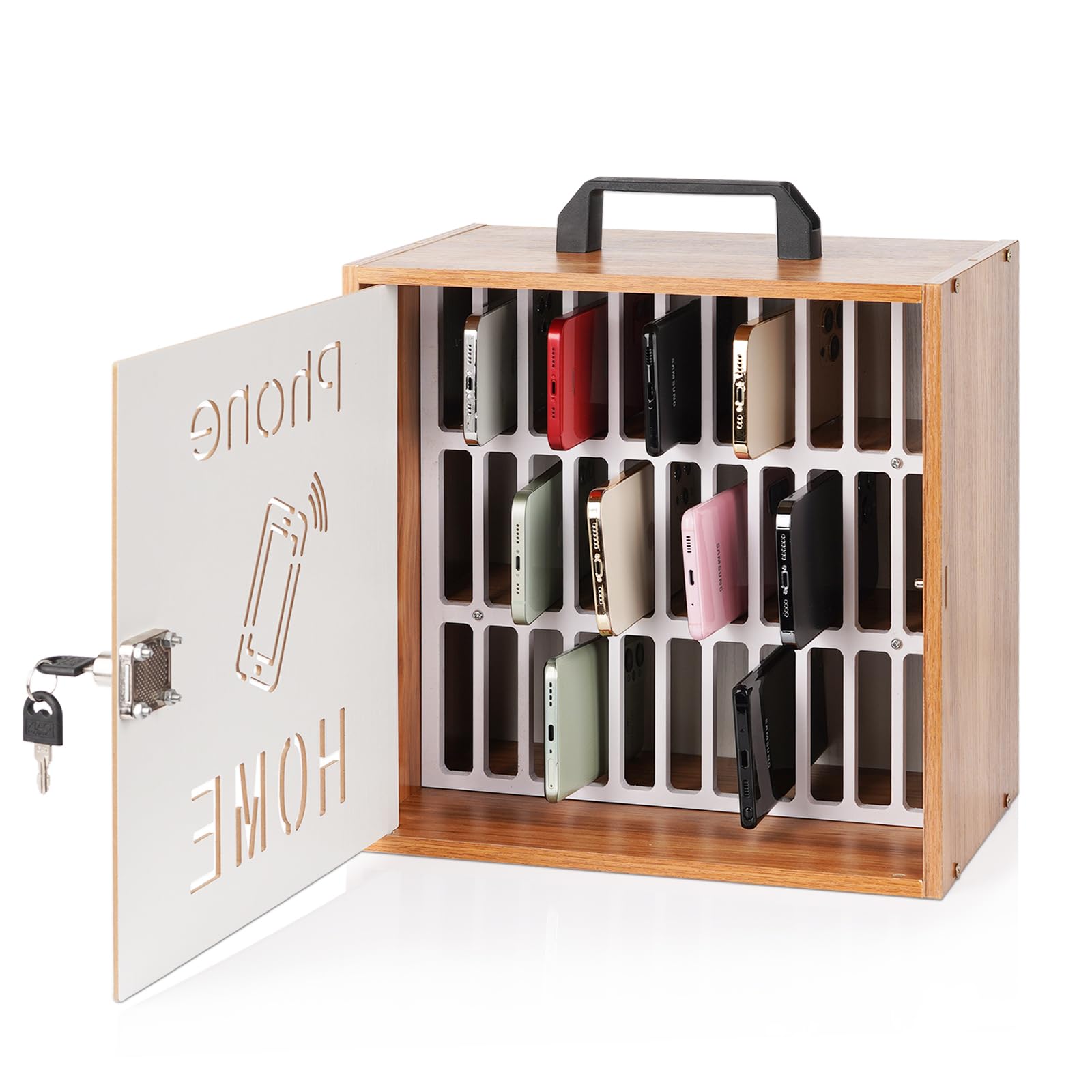 Wooden Cell Phone Storage Cabinet with Lock - 33 Slots for Classroom & Office Organization