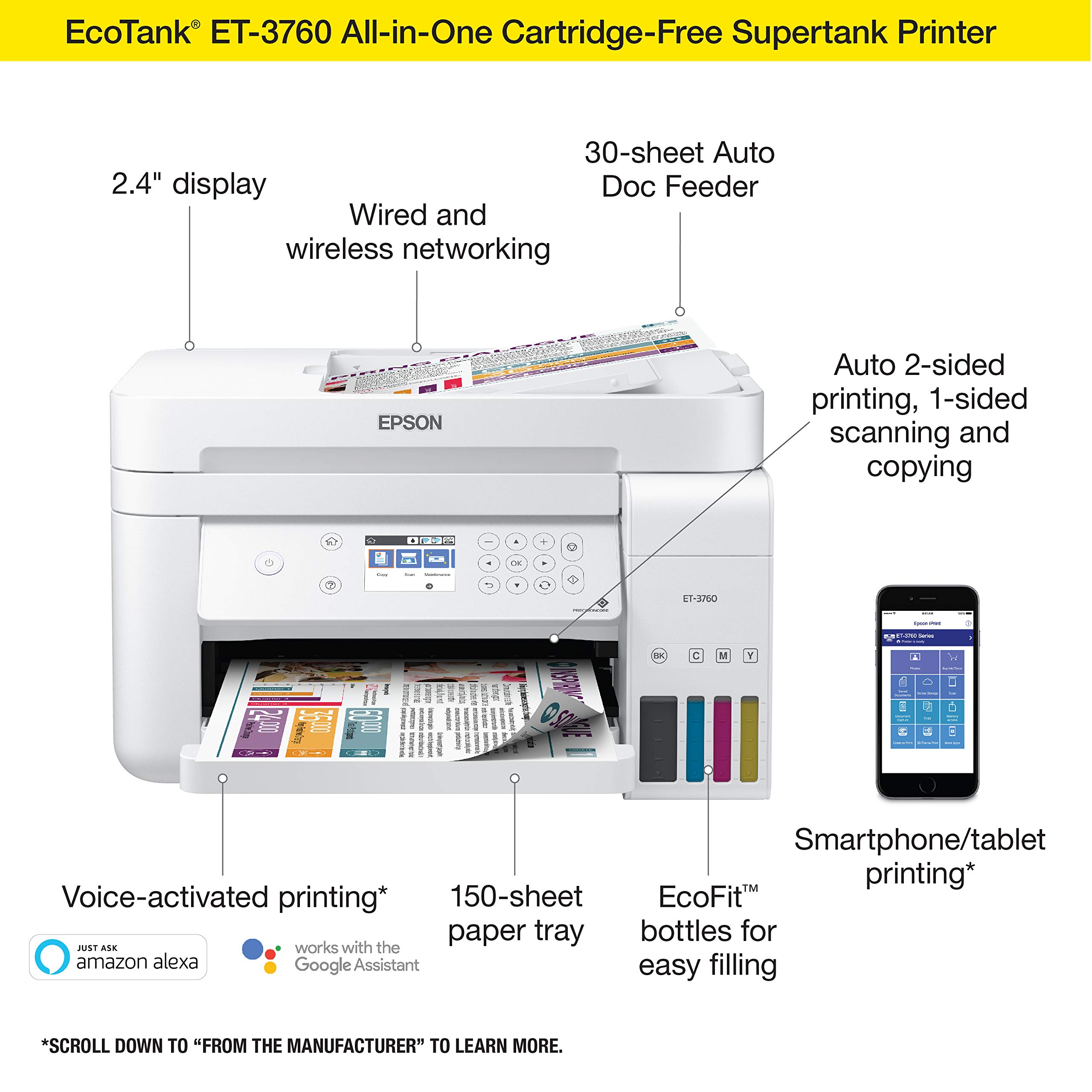 Epson EcoTank ET-3760 Wireless Color All-in-One Supertank Printer with Scanner, Copier & Ethernet - Cartridge-Free Printing for Home Office, Small Business & School Projects